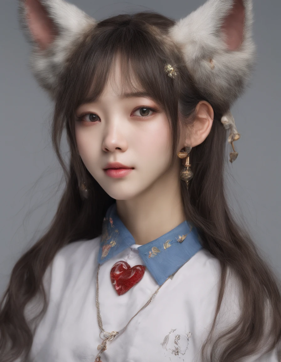 Korean girl, Wearing a collar, heart-shaped eyes, symbol-shaped pupils, wolf ears, grin, streaked hair, Surrealism, panorama, masterpiece, textured skin