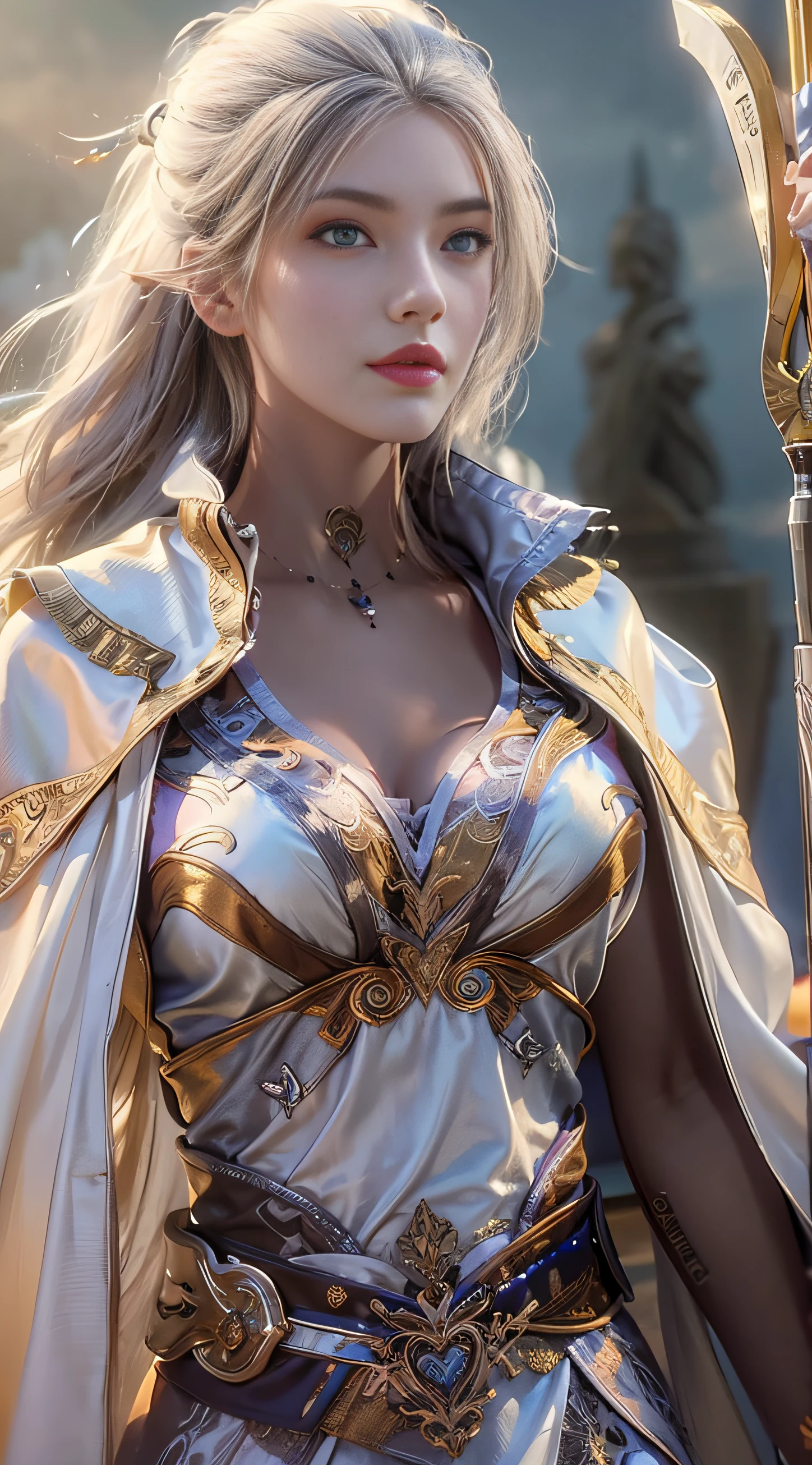 extremely beautiful young lady, subtle makeup, golden hour, photorealistic, high contrast, 8k HD, detailed, hyper-detailed, realistic skin texture, long white hair, big breast, best quality, ultra high res, raw photo, dramatic lighting, unreal engine, diffuse glow  intricate silver eaba, white imperial cape, spear, sword, no helm