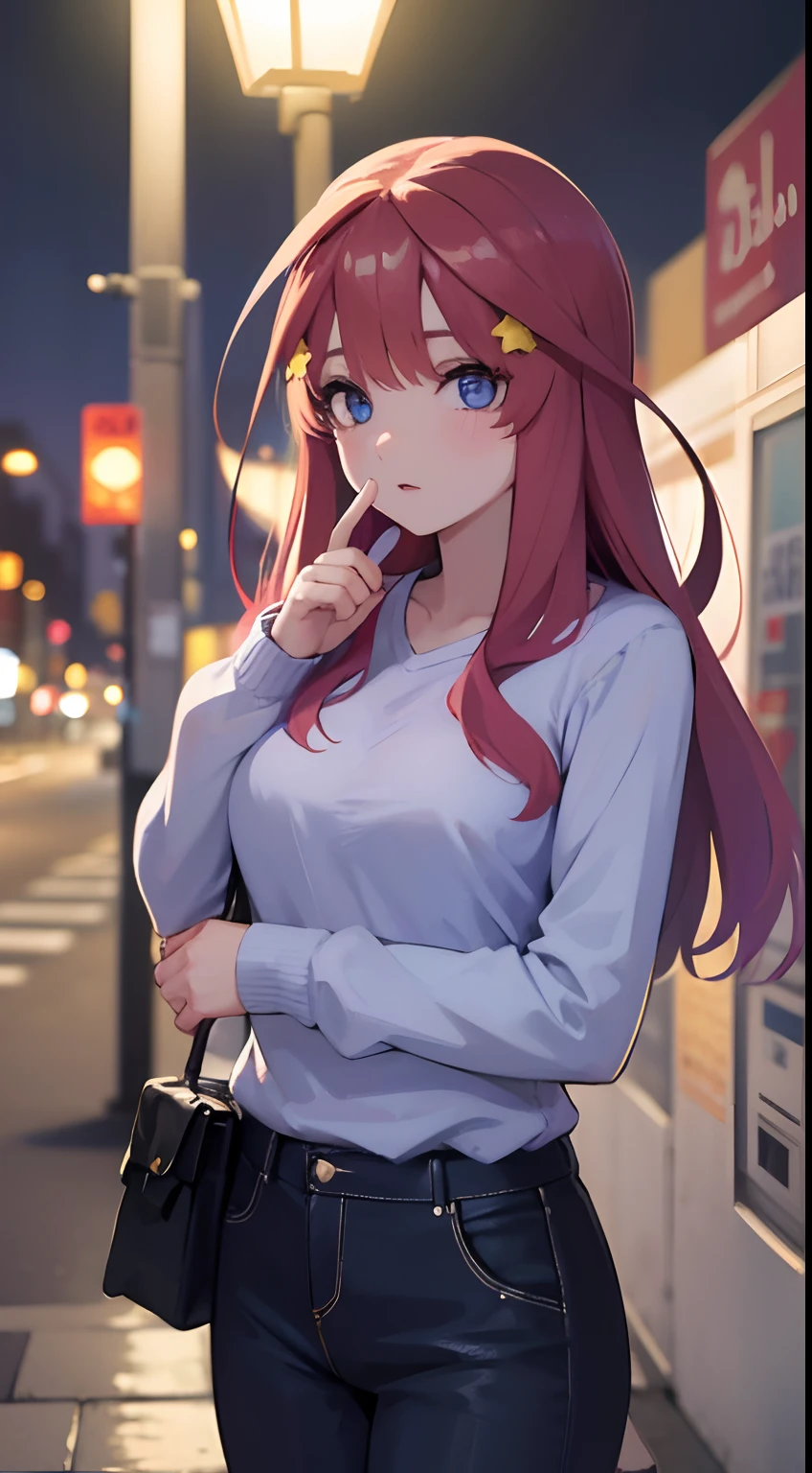 beautiful woman, ((ojos hermosos azules)),Calle de noche con luces, Playing with your smartphone, pantalones calientes, fragantes flores rosadas, passers-by, Gradation of the night scene, Detalles finos, tonos sutiles, Tranquilidad flotando en la pantalla.