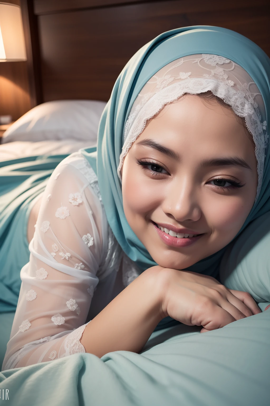 matured malay woman in hijab wearing lace pastel color pajamas sleeping in bed portrait photography, lying in bed, mid shot photo, ultra detail, professional photograph with professional lighting, smile, light blue bed, bedroom, sexy seducing sleep pose, curvy