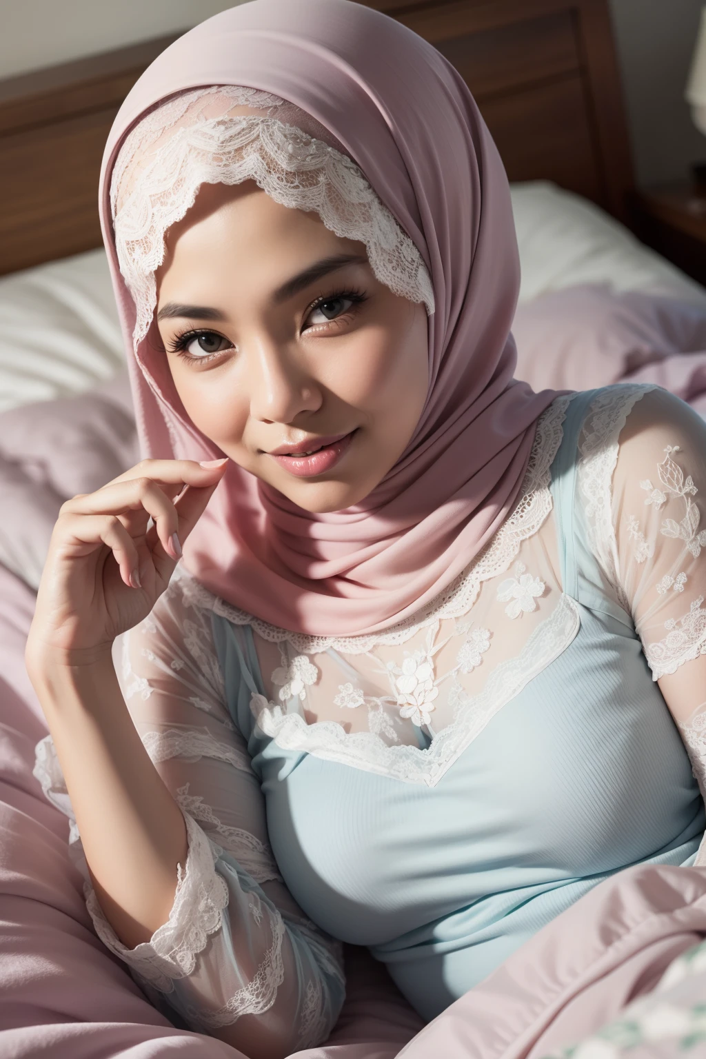 matured malay woman in hijab wearing lace pastel color pajamas sleeping in bed portrait photography, lying in bed, mid shot photo, ultra detail, professional photograph with professional lighting, smile, light blue bed, bedroom, sexy seducing sleep pose, curvy