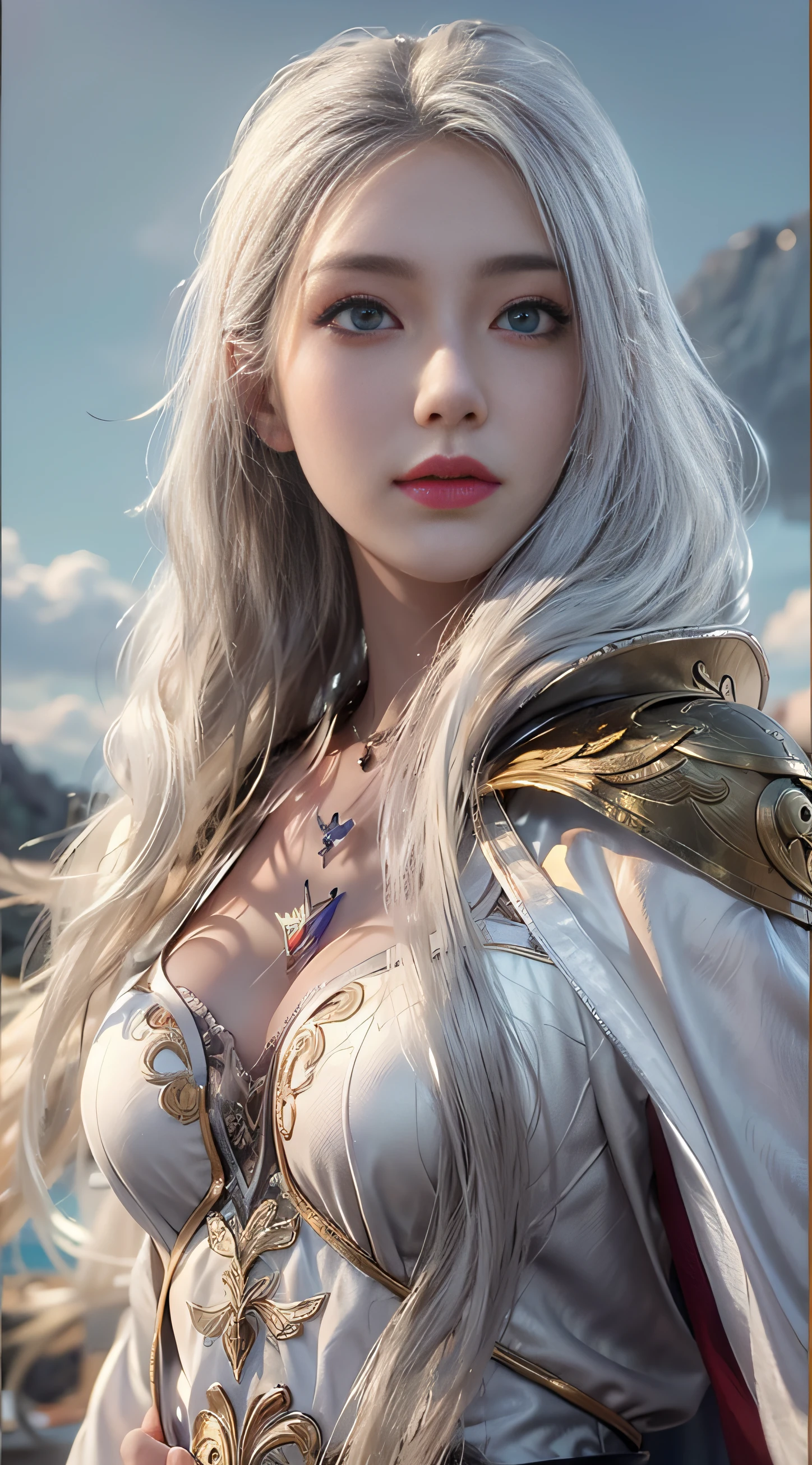 extremely beautiful young lady, subtle makeup, golden hour, photorealistic, high contrast, 8k HD, detailed, hyper-detailed, realistic skin texture, long white hair, big breast, best quality, ultra high res, raw photo, dramatic lighting, unreal engine, diffuse glow  intricate silver eaba, white imperial cape, spear, sword, no helm