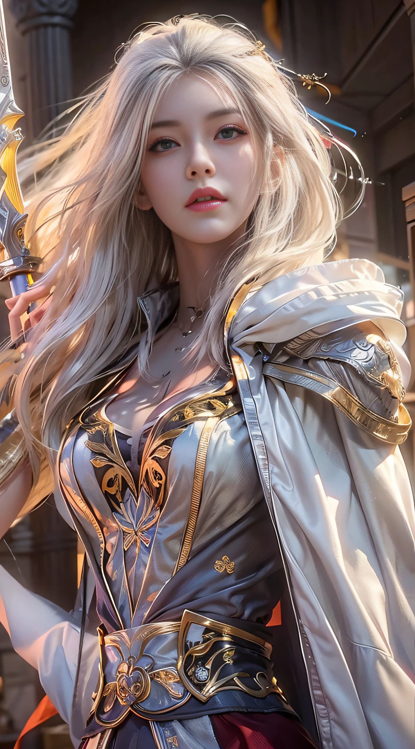 extremely beautiful young lady, subtle makeup, golden hour, photorealistic, high contrast, 8k HD, detailed, hyper-detailed, realistic skin texture, long white hair, big breast, best quality, ultra high res, raw photo, dramatic lighting, unreal engine, diffuse glow  intricate silver eaba, white imperial cape, spear, sword, no helm