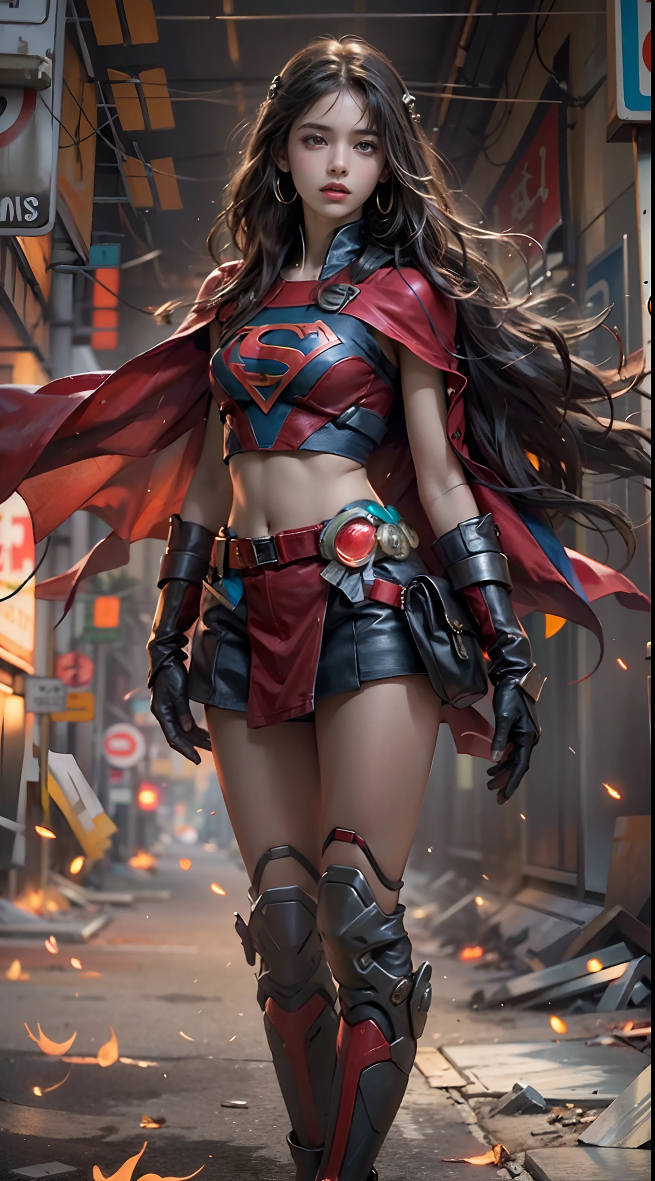 超A high resolution、An ultra-high picture quality、8K、Detailed details、marvelous expression、Ninja Woman、Wearing red metallic armor、Slender female body type、Brown short bob、Black cloak、battle posture、Big city landscape at night、