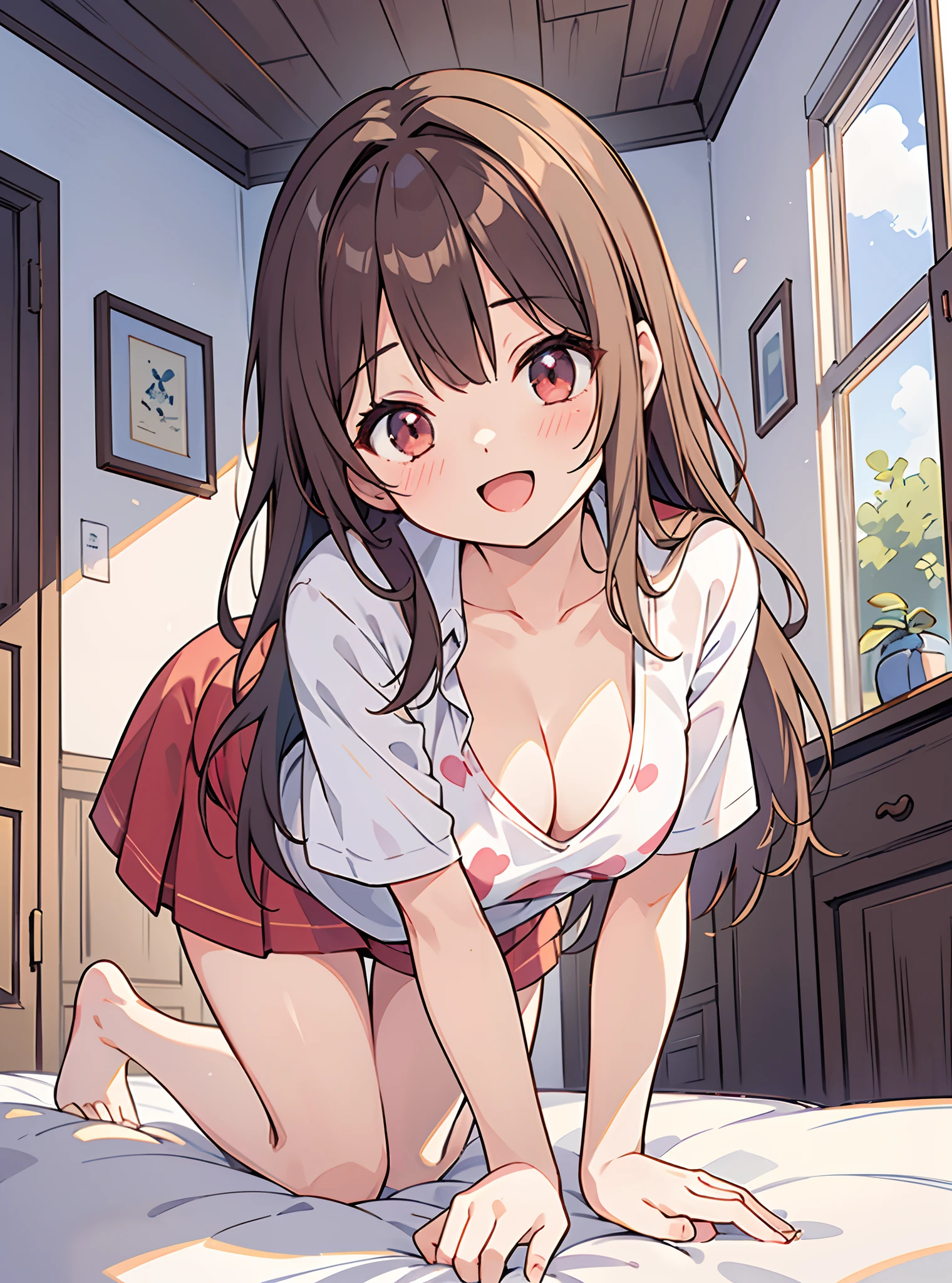 top-quality、masterpiece、1girl in、all-fours、to close range、red blush、Kamimei、Staring at this、Cute anime illustration、loose t-shirt, cleavage, small breasts, in the room, window, cute pose, beautiful pose, cuteness, beautiful breasts, showing cleavage, best quality, one_eye_close, :D