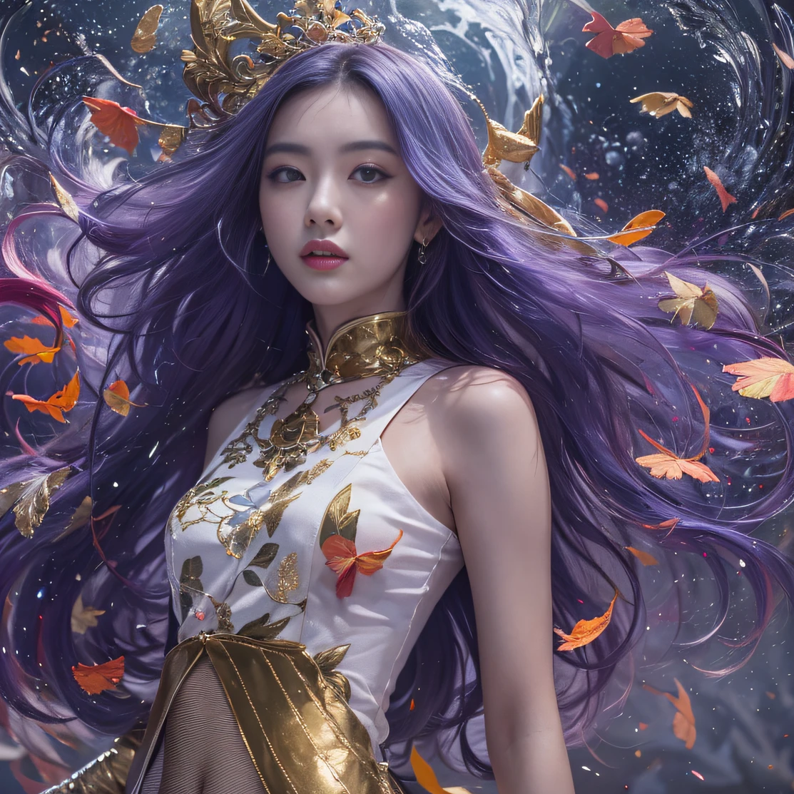 Genki Girl 32K（tmasterpiece，k hd，hyper HD，32K）Long flowing bright purple hair，Autumn Pond，zydink， a color， Proud of the Continent （The astronaut）， （Black and gold scarf）， Combat posture， looking at the ground， long whitr hair， Floating bright purple， Fire cloud pattern gold tiara， Chinese long-sleeved gold silk garment， （Abstract metaverse splash：1.2）， white backgrounid，Lotus vitality protector（realisticlying：1.4），Bright purple hair，Smoke on the road，The background is pure， A high resolution， the detail， RAW photogr， Sharp Re， Nikon D850 Film Stock Photo by Jefferies Lee 4 Kodak Portra 400 Camera F1.6 shots, Rich colors, ultra-realistic vivid textures, Dramatic lighting, Unreal Engine Art Station Trend, cinestir 800，A girl with long flowing bright purple hair