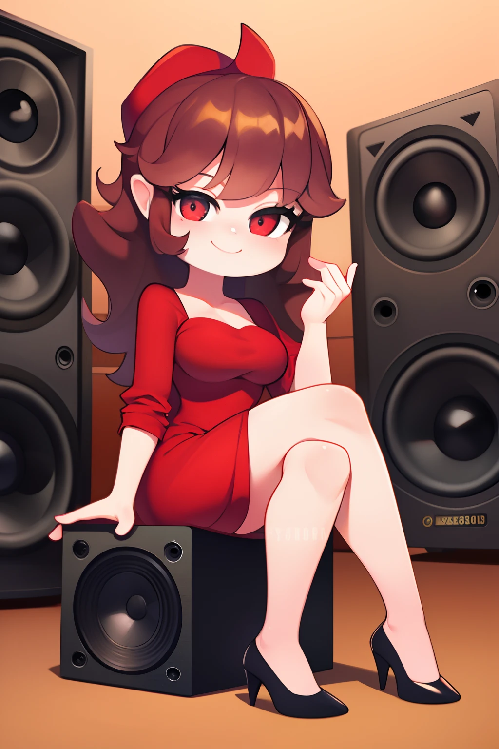 HypnoLullabyGF, Highly detailed, High Quality, Masterpiece, beautiful, Girlfriend, 1girl, solo, full body, light smile, red dress, sitting, sitting on speaker