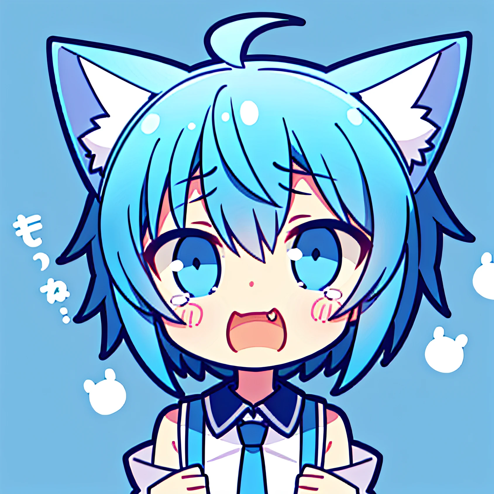 Libido boy，Cat ears，blue color eyes，short detailed hair，full bodyesbian，The expression of crying，blue hairs，Blue and white clothes，One guy