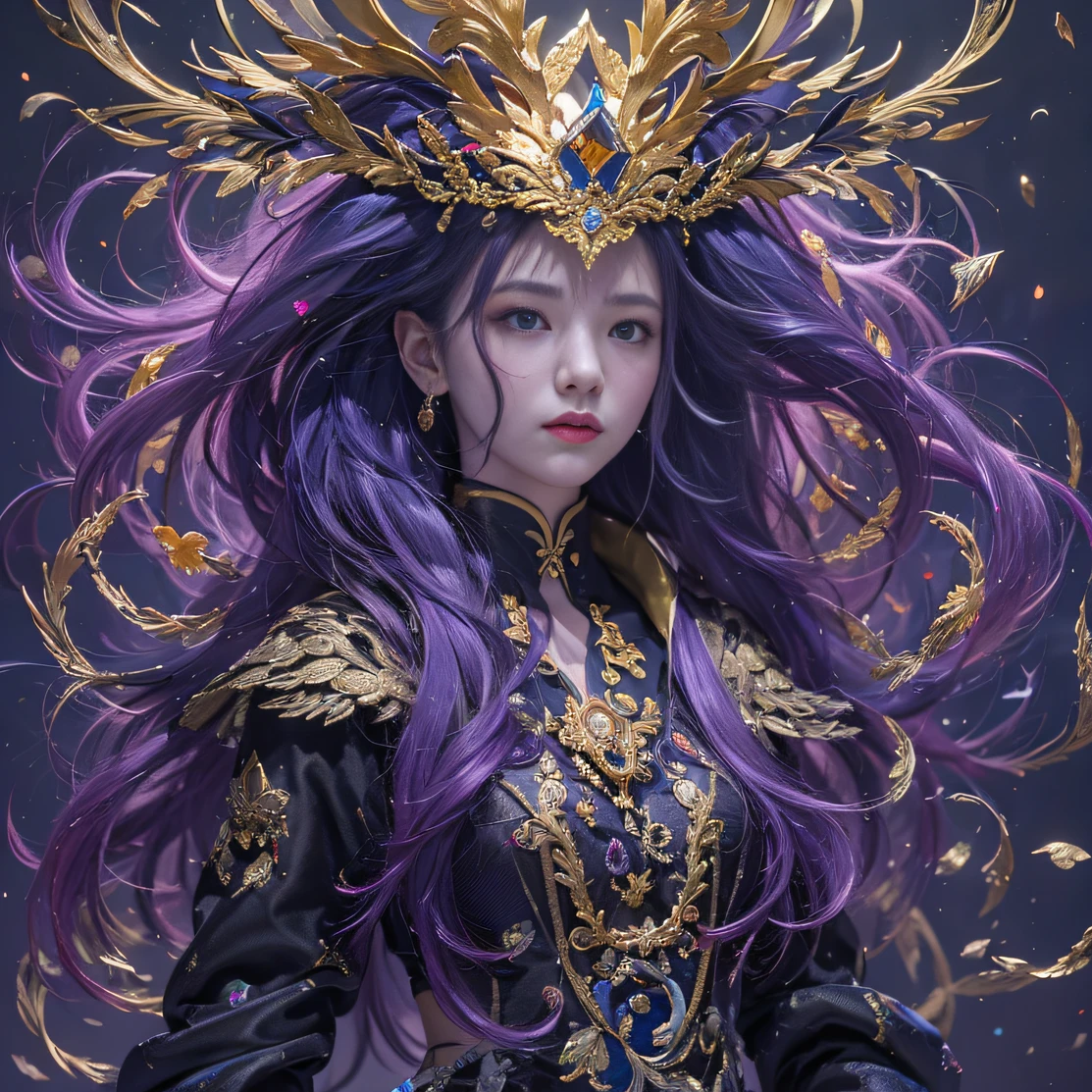 Genki Girl 32K(tmasterpiece,k hd,hyper HD,32K)Long flowing bright purple hair,Autumn Pond,zydink, a color, Proud of the Continent (The astronaut), (Black and gold scarf), Combat posture, looking at the ground, long whitr hair, Floating bright purple, Fire cloud pattern gold tiara, Chinese long-sleeved gold silk garment, (Abstract metaverse splash:1.2), white backgrounid,Lotus vitality protector(realisticlying:1.4),Bright purple hair,Smoke on the road,The background is pure, A high resolution, the detail, RAW photogr, Sharp Re, Nikon D850 Film Stock Photo by Jefferies Lee 4 Kodak Portra 400 Camera F1.6 shots, Rich colors, ultra-realistic vivid textures, Dramatic lighting, Unreal Engine Art Station Trend, cinestir 800,A girl with long flowing bright purple hair