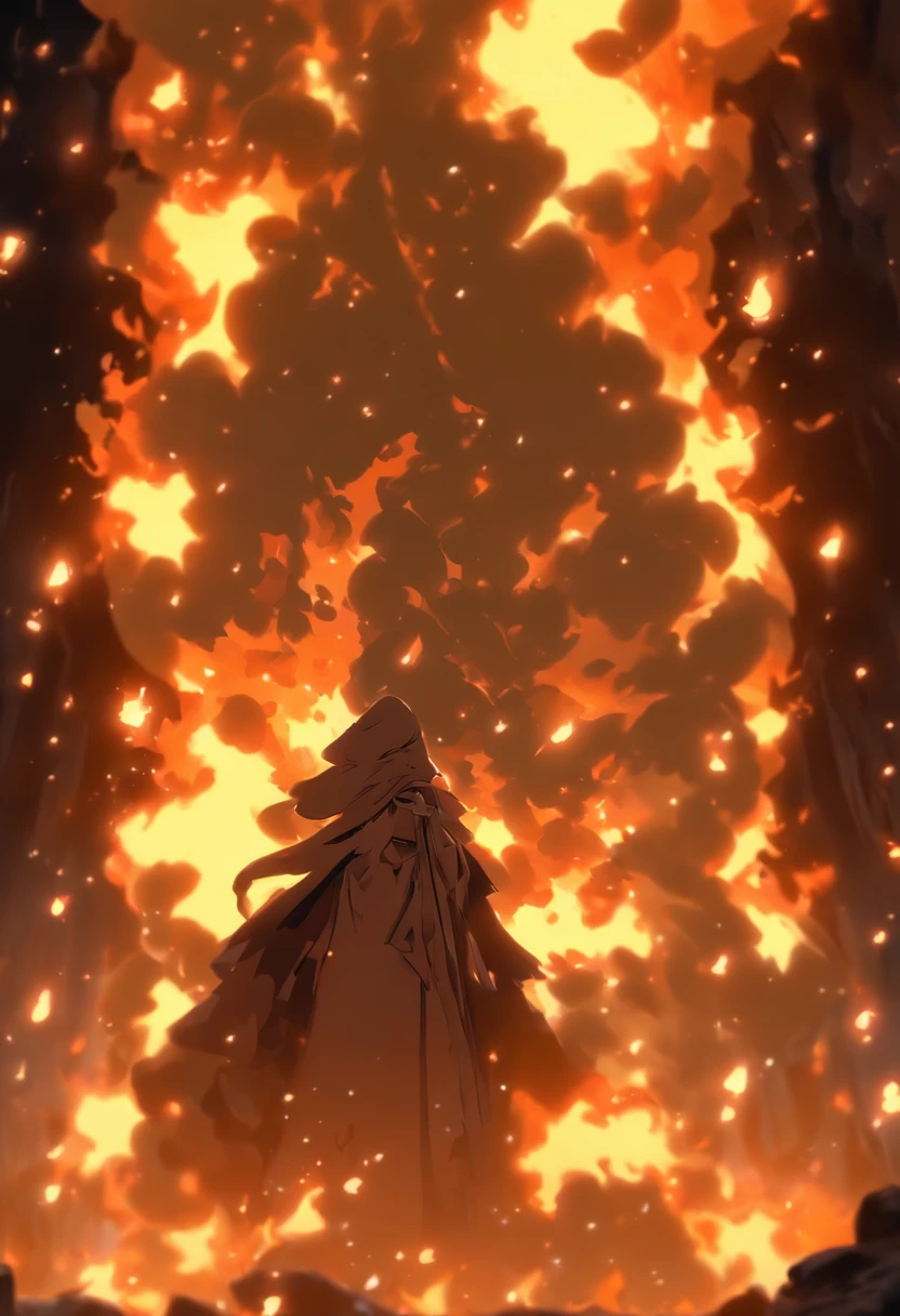 (Best quality, Masterpiece),  (1girll, Solo,brown robe, expression face, looks away, Sitting, Wide sleeves, Black eyes, Closed mouth, Ribbon shape Fire on the head, Long hair, Cowboy shot), (monochrome, night sky at cave entrance , light rising from the bottom, inside Cave, Floating a glowing bouquet of white particles, burning fire at hand, floating many small fires),