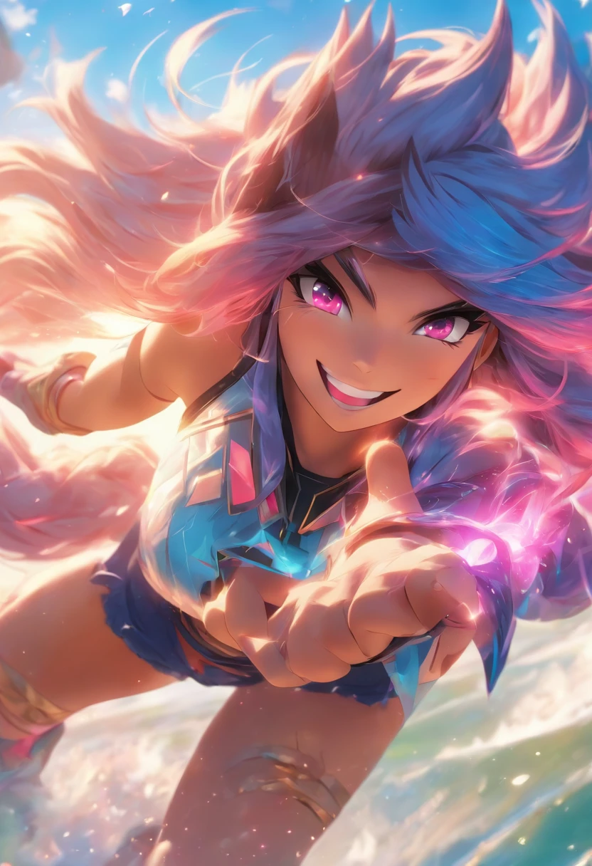 Masterpiece, Best quality, A high resolution, Ahri 1, 1girll, Solo, Blonde hair, K/Da (League of Legends), Long hair, multicolored hair, open hair, Blue eyes, two tone color hair, Beach day, Smile, She has 2 little boys on each side, On the left is the red-haired boy，On the right is the blue-haired boy