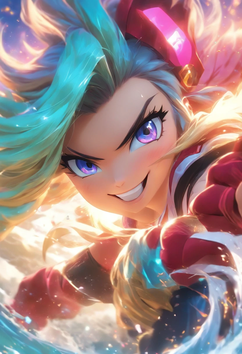 Masterpiece, Best quality, A high resolution, Ahri 1, 1girll, Solo, Blonde hair, K/Da (League of Legends), Long hair, multicolored hair, open hair, Blue eyes, two tone color hair, Beach day, Smile, She has 2 little boys on each side, On the left is the red-haired boy,On the right is the blue-haired boy