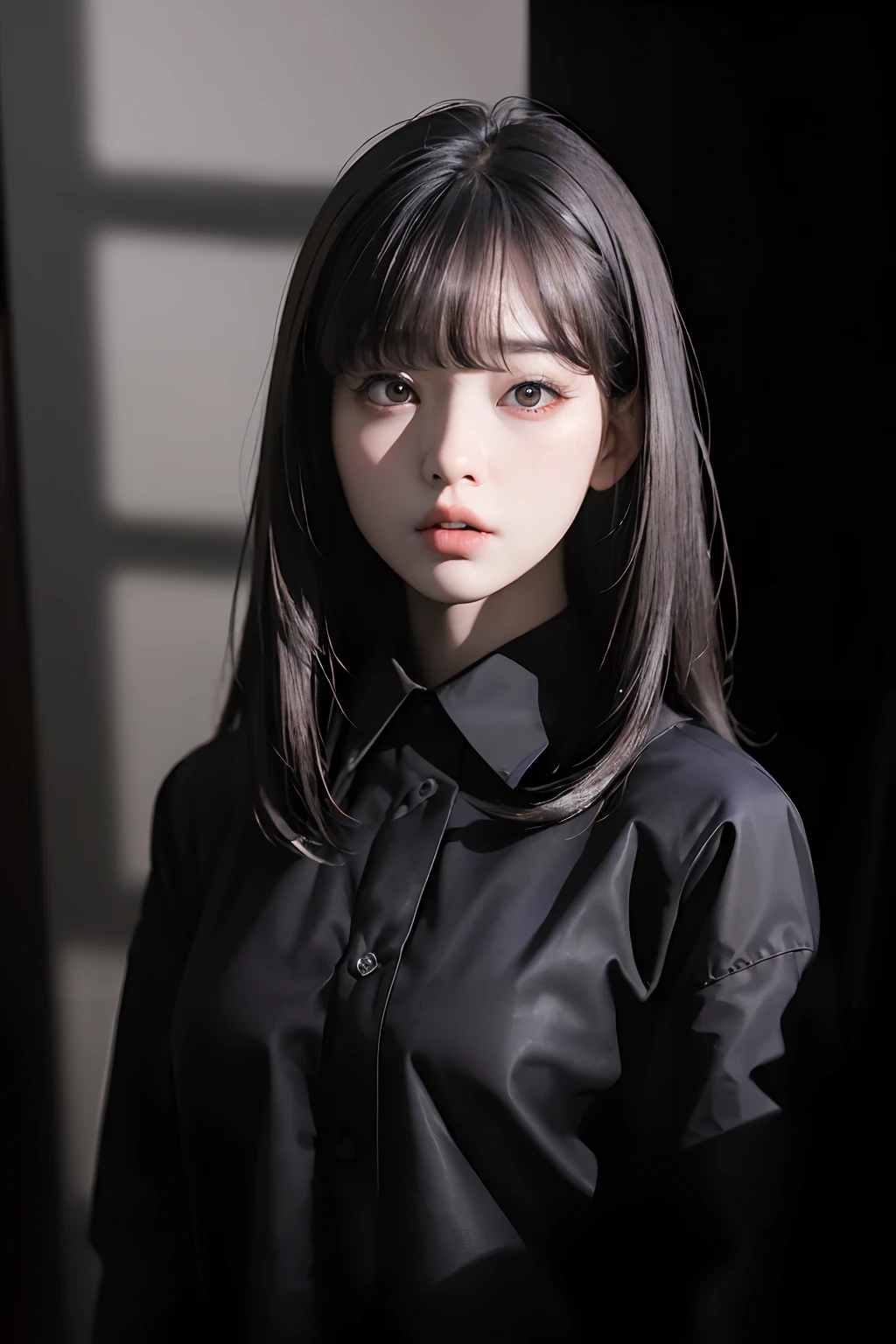 masterpiece, best quality, (dark photo:1.3), photorealistic, 1girl, flat bangs, stunning innocent symmetry face, shirt, emotional, ulzzang, (PureErosFace_V1:0.7)