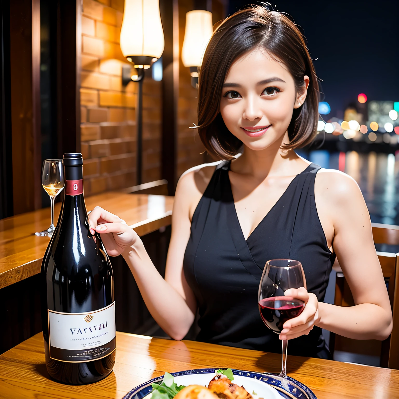 (64K, UHD, top quality, masterpiece: 1.2), (realistic, photorealistic: 1.37), super detailed, pretty woman 1 person, (slim face), (slim body), (brown hair), (short cut), cheeks slightly blushing, (44 years old), 38 years old, solo, beautiful detailed urban night view outside the window, restaurant, wine glasses sit, at night, in a prominent placeNovaFrogStyle, Actress, Model, Waist Up, White Wine, Slim, Wine Glass, Super Clean Night View, Wine Glass Put in the Middle, Happy Smile, (Smile: 1.15), Beautiful Fine Eyes, Upper Body, Bust Japan Up, Night, Short, Short, Actress, Model, Waist Up, White Wine, Slim, Wine Glass, Super Clean Night View, Wine Glass Put in the Middle, Happy Smile,