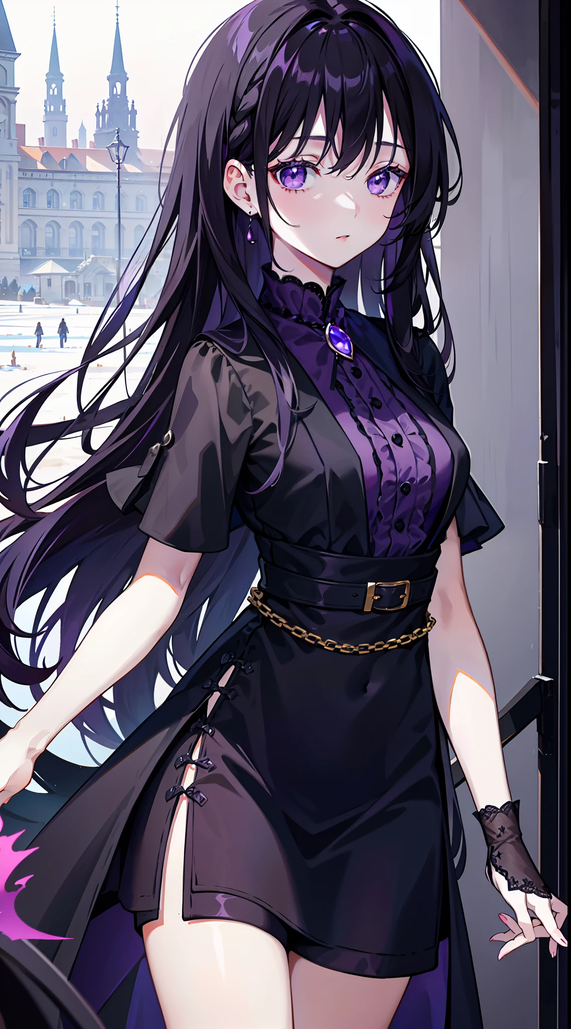 young girl, long dark purple or black hair, violet eyes, Black Rich Closed Clothing, Masterpiece, hiquality, high detail, HD, 4k