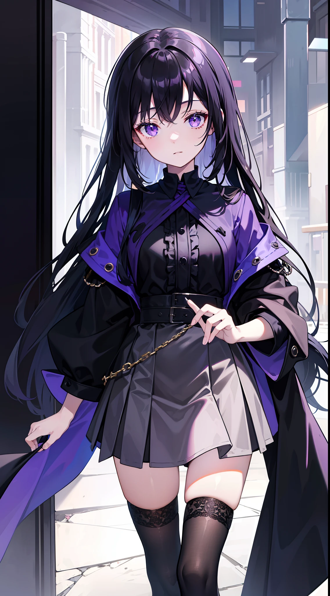 young girl, long dark purple or black hair, violet eyes, Black Rich Closed Clothing, Masterpiece, hiquality, high detail, HD, 4k