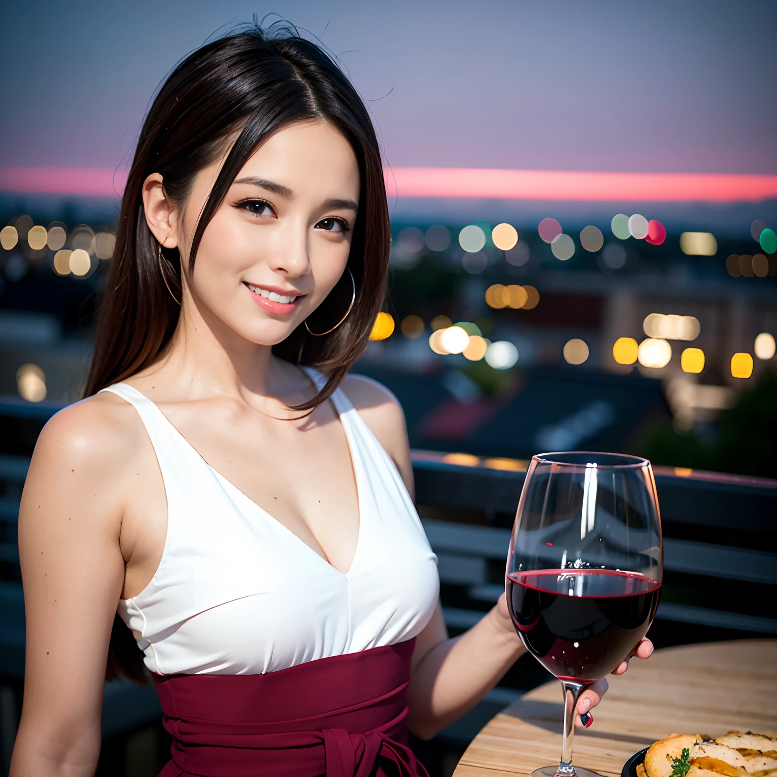 (64K, UHD, top quality, masterpiece: 1.2), (realistic, photorealistic: 1.37), super detailed, pretty woman 1 person, (slim face), (slim body), (brown hair), (short cut), cheeks slightly blushing, (44 years old), 38 years old, solo, beautiful detailed urban night view outside the window, restaurant, wine glasses sit, at night, in a prominent placeNovaFrogStyle, Actress, Model, Waist Up, White Wine, Slim, Wine Glass, Super Clean Night View, Wine Glass Put in the Middle, Happy Smile, (Smile: 1.15), Beautiful Fine Eyes, Upper Body, Bust Japan Up, Night, Short, Short, Actress, Model, Waist Up, White Wine, Slim, Wine Glass, Super Clean Night View, Wine Glass Put in the Middle, Happy Smile,