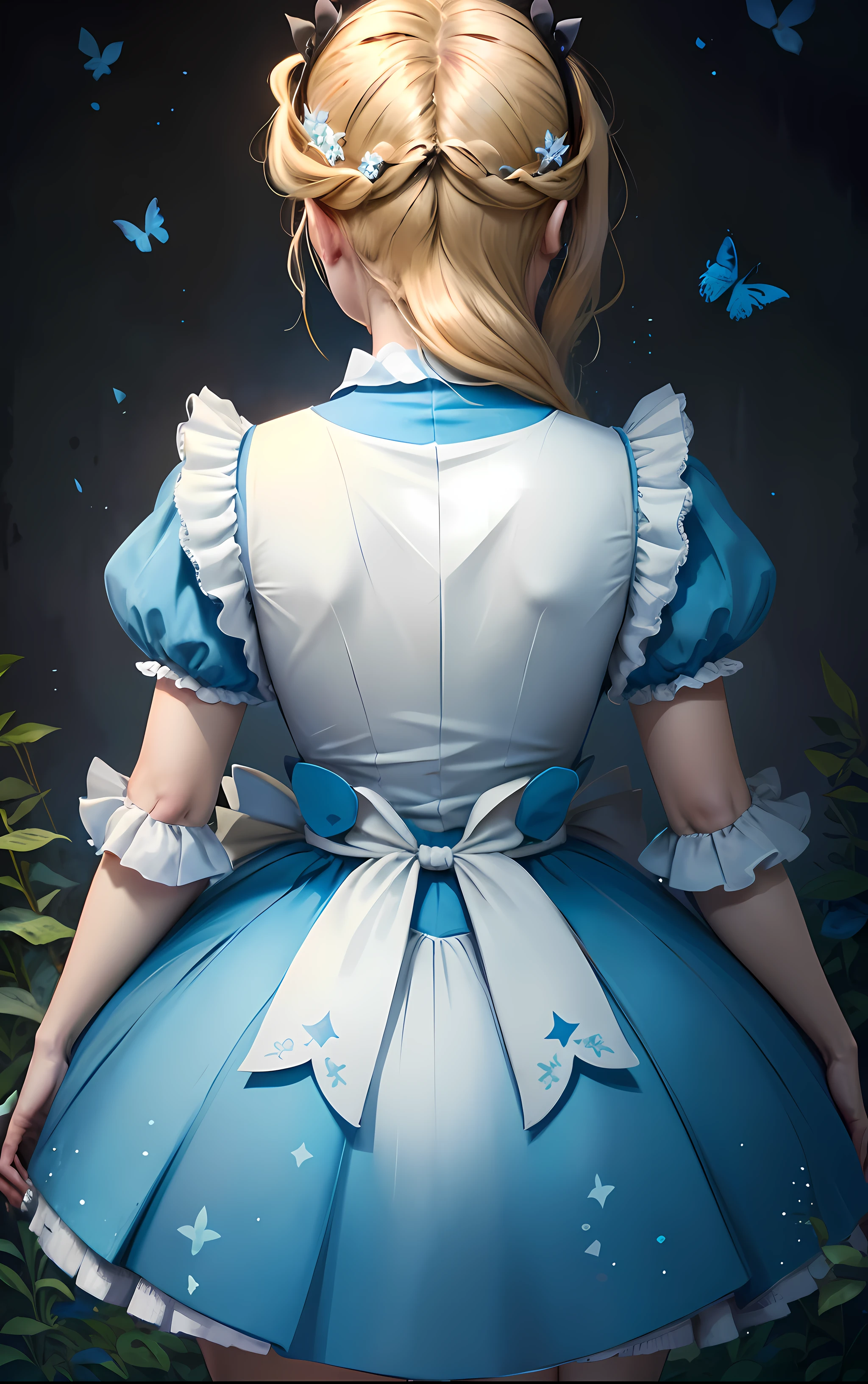 (Masterpiece:1.2), Best quality, A high resolution, Original, (Extremely detailed:1.2), Ultra-detailed, the wallpaper, Perfect lighting,(Extremely detailed CG:1.2), 8K, illustration, 1girll, Solo, AliceWonderlandWaifu, Light blue dress, blond hairbl, short hair, shiny fabrics, lightblue back, From behind, rear angle, En plein air, Sunny, Unity, anime style