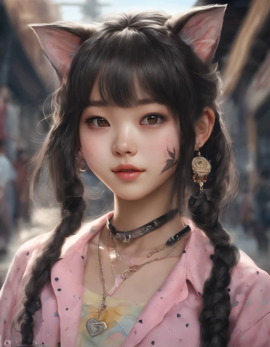 Korean girl, heart-shaped eyes, symbol-shaped pupils, grin, streaked hair, cat ears, anchor choker, Surrealism, first-person view, masterpiece, textured skin