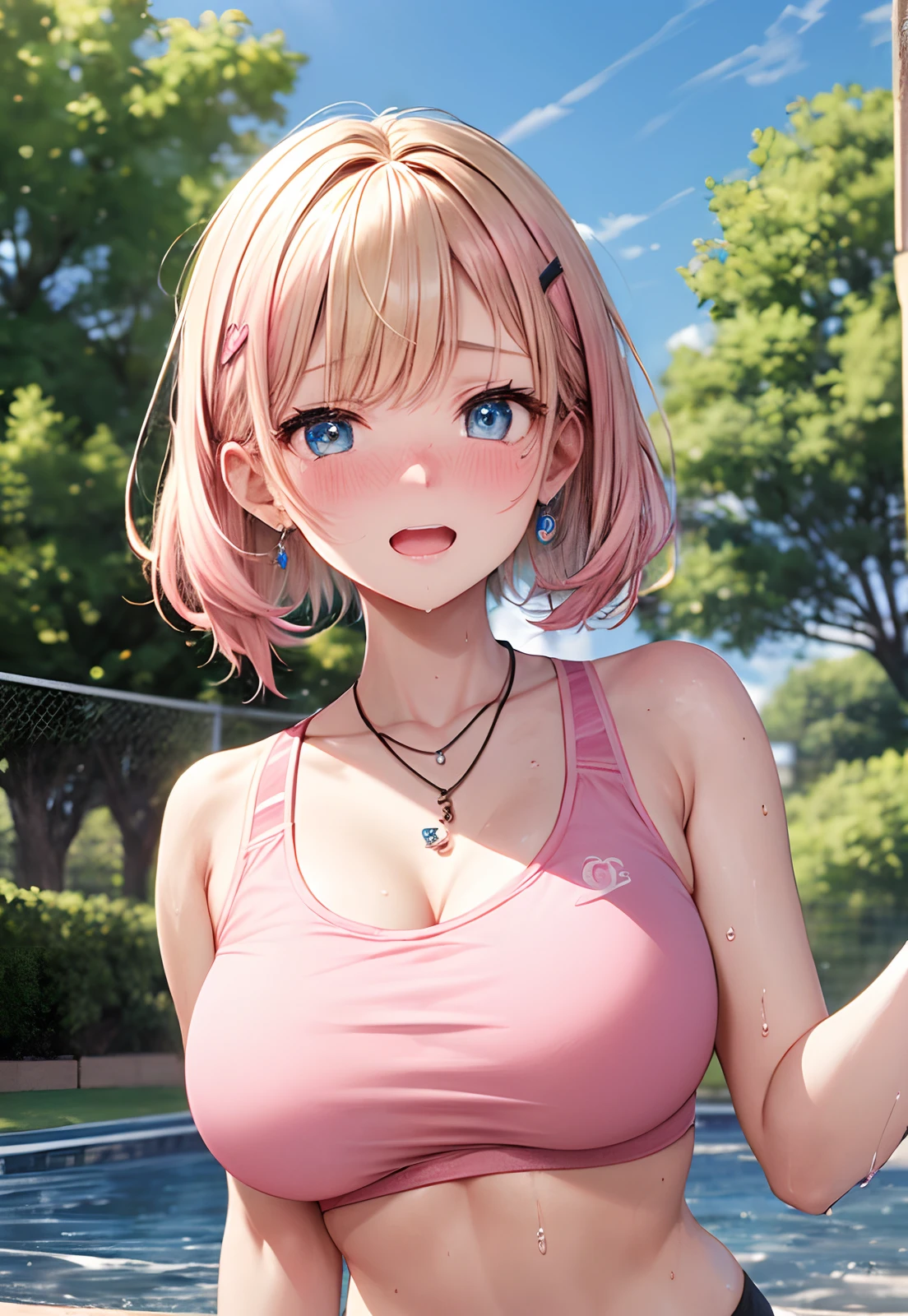 absurderes, ultra-detailliert,bright colour, (pink sports bra:1.4),(under boobs:1.3),(embarrassed from:1.4),extremely beautiful detailed anime face and eyes, view straight on, ;D, shiny_skin,25 years old, wet,Short hair, , asymmetrical bangs, Blonde hair with short twin tails,Forehead, Shiny hair, Delicate beautiful face, red blush、Blue eyes, White skin, hair clips, earrings, 1 necklace,  Beautiful cloud, Blue summer sky、A park full of nature