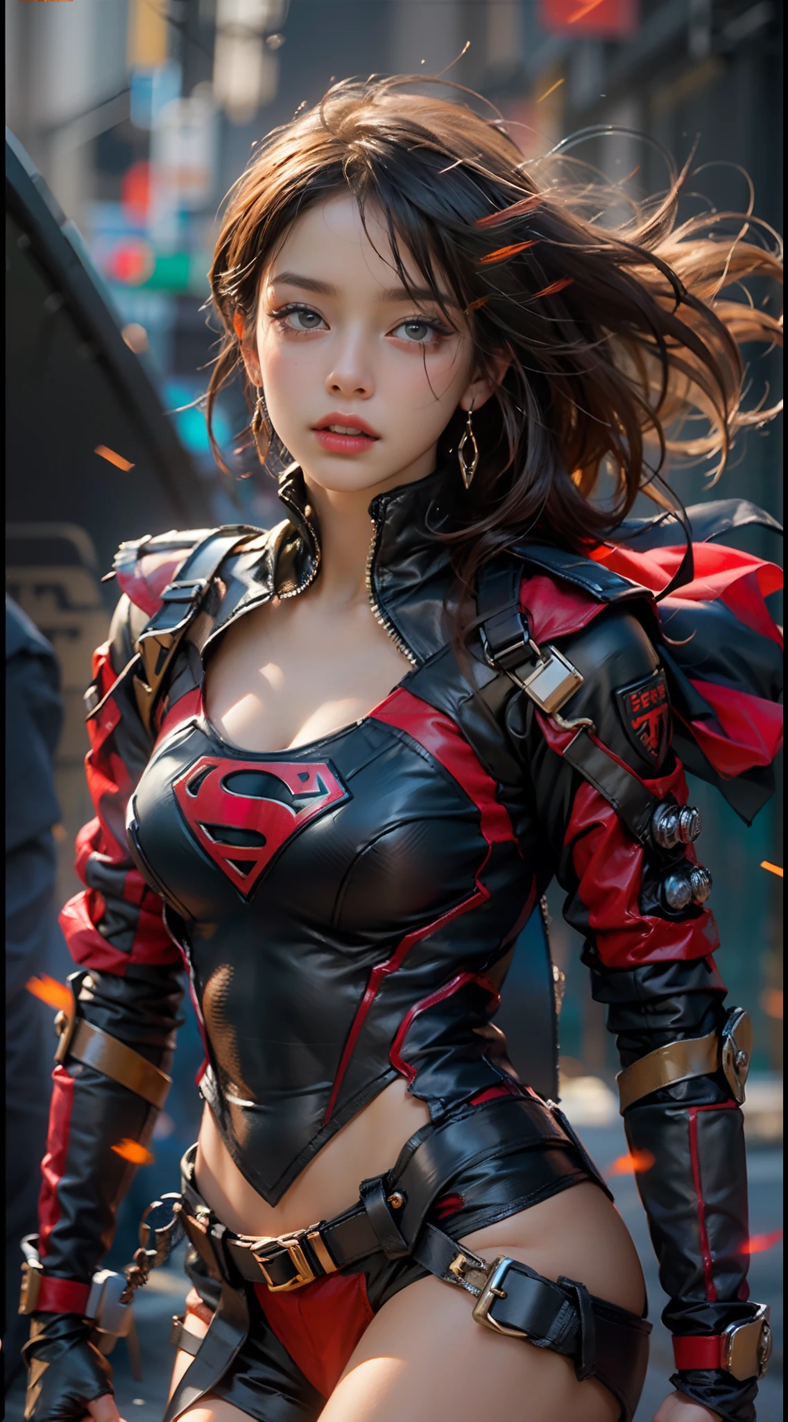 motor irreal:1.4,CG ultra realista 64K, fotorrealista:1.4, textura de la piel:1.4, obra maestra:1.4,Hermosa mujer Usando un disfraz sexy de Supergirl, cabello rubio y rubio, ojos azules, ropa interior Antecedentes detallados, traje de super cyberpunk . caderas anchas,An apocalyptic city of fire, mostrando vientre plano,Minifalda roja, ,hermosas manos finas,