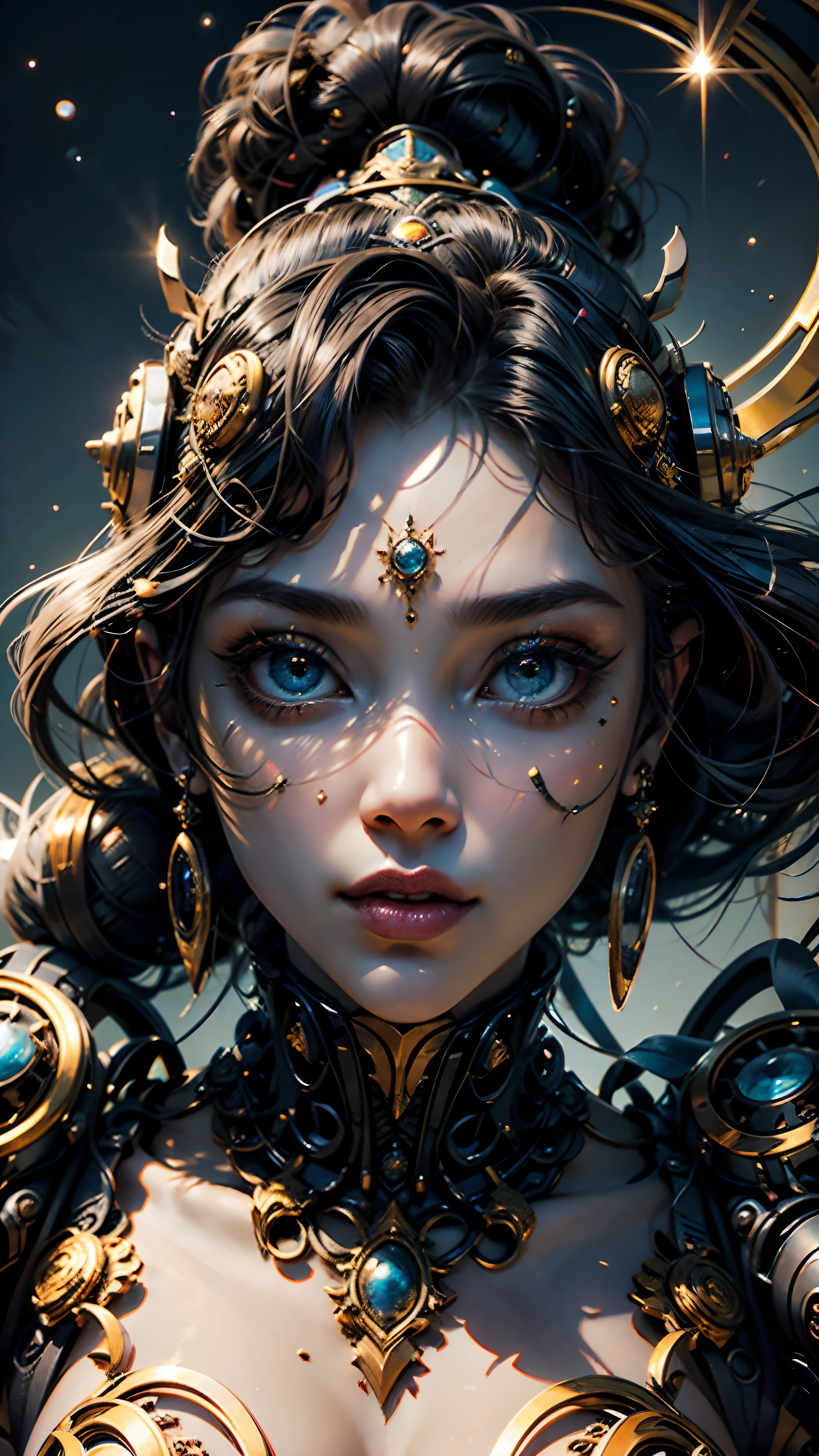 (melhor qualidade,Ultra - Detalhado,best illustration,Melhor sombra,tmasterpiece,A high resolution,ProfissionalArtwork,obras de arte famosas),Olhos detalhados,Olhos belos,clivagem em close-up,scientific fiction,esclera colorida,robot eyes,marcas faciais,Tatuado com,(fractalizado,olhos fractais),olhos grandes,olhos arregalados,(foco ocular),Foco Sface,Cosmic eyes,Olhos espaciais,Close-up da escultura de metal de uma mulher Afro americana com uma lua em seu cabelo,deusas。Detalhe extremamente alto,Retrato da deusa 3D,Imagens extremamente detalhadas da deusa,Um retrato impressionante de uma deusa,Imagem lateral da deusa,Retrato de uma bela deusa,Retrato em close-up de corpo inteiro da deusa,hecate goddess,portrait of a norse moon goddess,goddess of space and time