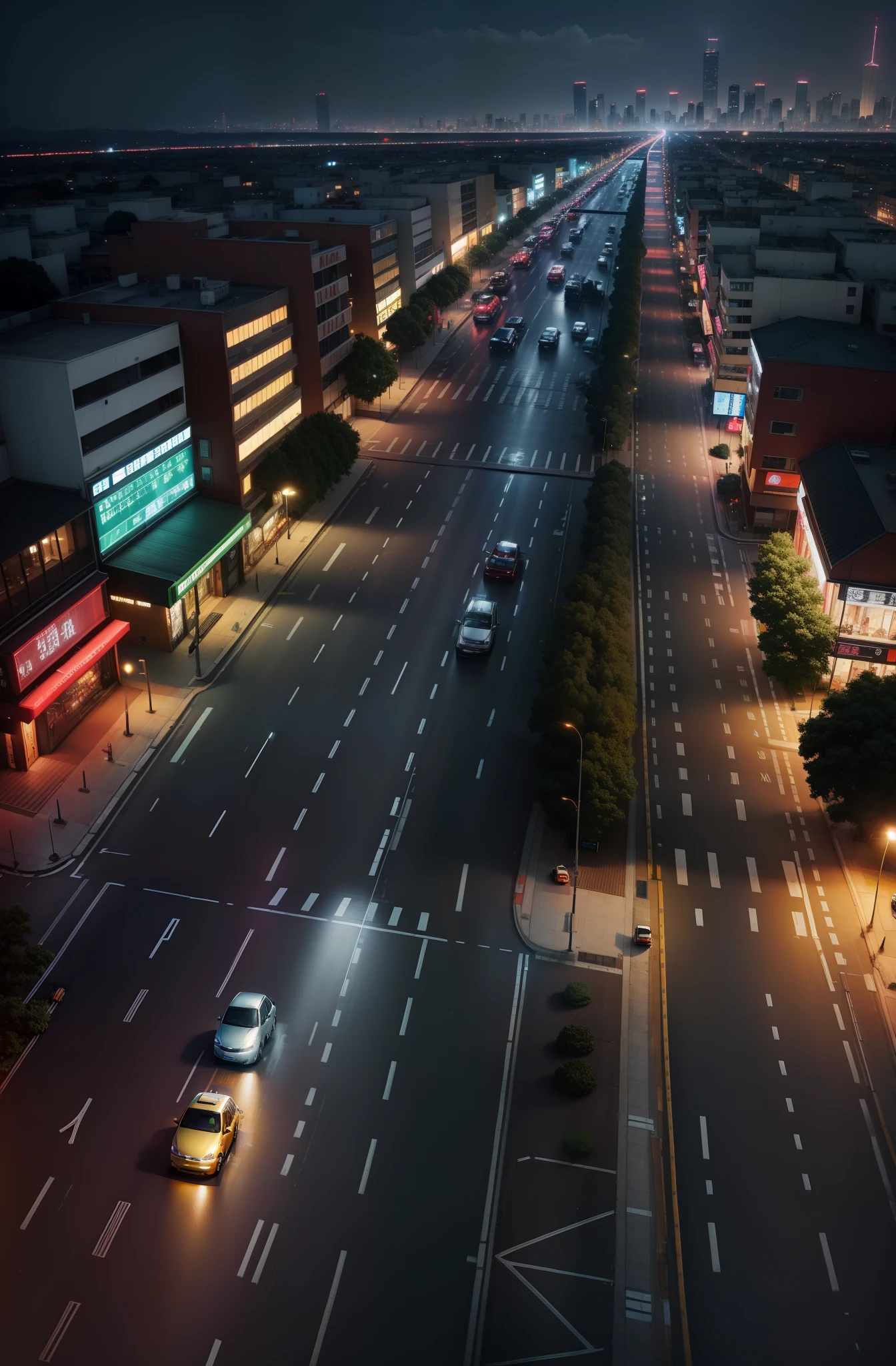 the night,There are some scattered cars on the road、Next to it are the city's high-rise buildings、The taxi in the middle of the road is conspicuous