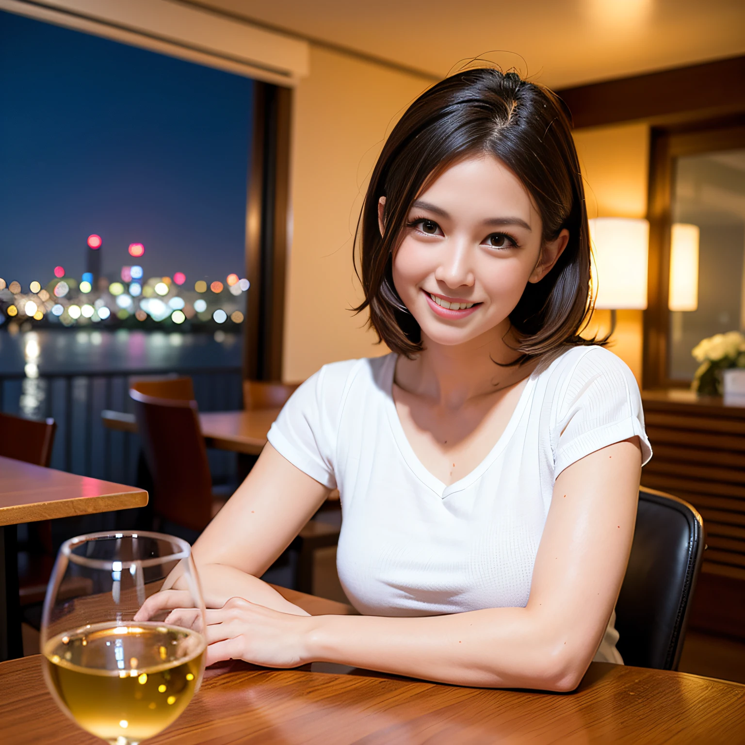 (64K, UHD, top quality, masterpiece: 1.2), (realistic, photorealistic: 1.37), super detailed, pretty woman 1 person, (slim face), (slim body), (brown hair), (short cut), cheeks slightly blushing, (44 years old), 38 years old, solo, beautiful detailed urban night view outside the window, restaurant, wine glasses sit, at night, in a prominent placeNovaFrogStyle, Actress, Model, Waist Up, White Wine, Slim, Wine Glass, Super Clean Night View, Wine Glass Put in the Middle, Happy Smile, (Smile: 1.15), Beautiful Fine Eyes, Upper Body, Bust Japan Up, Night, Short, Short, Actress, Model, Waist Up, White Wine, Slim, Wine Glass, Super Clean Night View, Wine Glass Put in the Middle, Happy Smile,