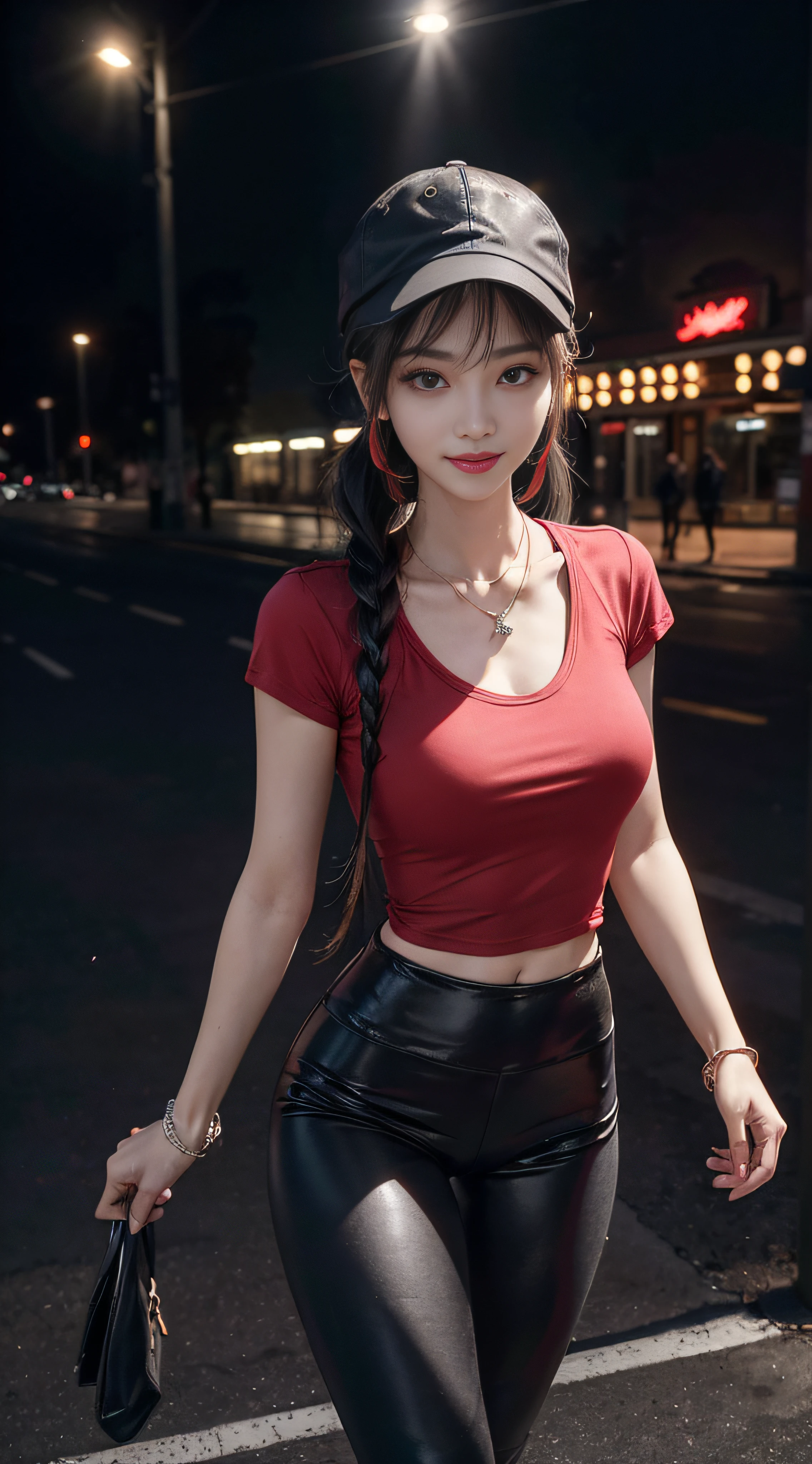 Upscale variant Remove background generated data tips Upgrade 8K, Masterpiece, RAW photo, Best quality, Photorealistic, Extremely detailed Cg Unity 8K wallpaper, Depth of field, Cinematic light, Lens flare, Ray tracing, (Extremely beautiful face, Beautiful lips, Beautiful eyes), intricate detail face, ((ultra detailed skin)) 1girll, In the dark, deepshadow, Pretty Korean girl, Kpop idol,(Very slim and slender muscular body), ((view the viewer)),(Big smile), (Fashion night, (neon lights sign), (The background is blurred out), midnight, (Vacant cities), (No one is in the background), Pretty Korean girl, White diamond earrings, Diameter bracelet, Dia necklace, Clear eyes, Walking , front footage, (Pale skin), Face forward, (Big eyes), ((upperbody shots)), (baseball cap("c" making)), ((black legging pants)), (camel-toe, Shape), ((Red T-shirt)), (pony tails) (view the viewer), Medium breasts,((Smile))