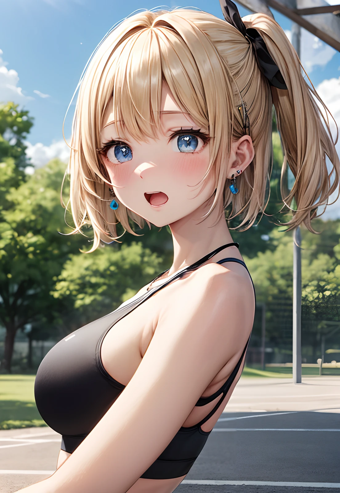 absurderes, ultra-detailliert,bright colour, (Black Sports Bra:1.4),(Show below:1.3),(Surprised:1.4),extremely beautiful detailed anime face and eyes, view straight on, ;D, shiny_skin,25 years old, Short hair, , asymmetrical bangs, Blonde hair with short twin tails,Forehead, Shiny hair, Delicate beautiful face, red blush、Blue eyes, White skin, hair clips, earrings, a necklace,  Beautiful cloud, Blue summer sky、A park full of nature