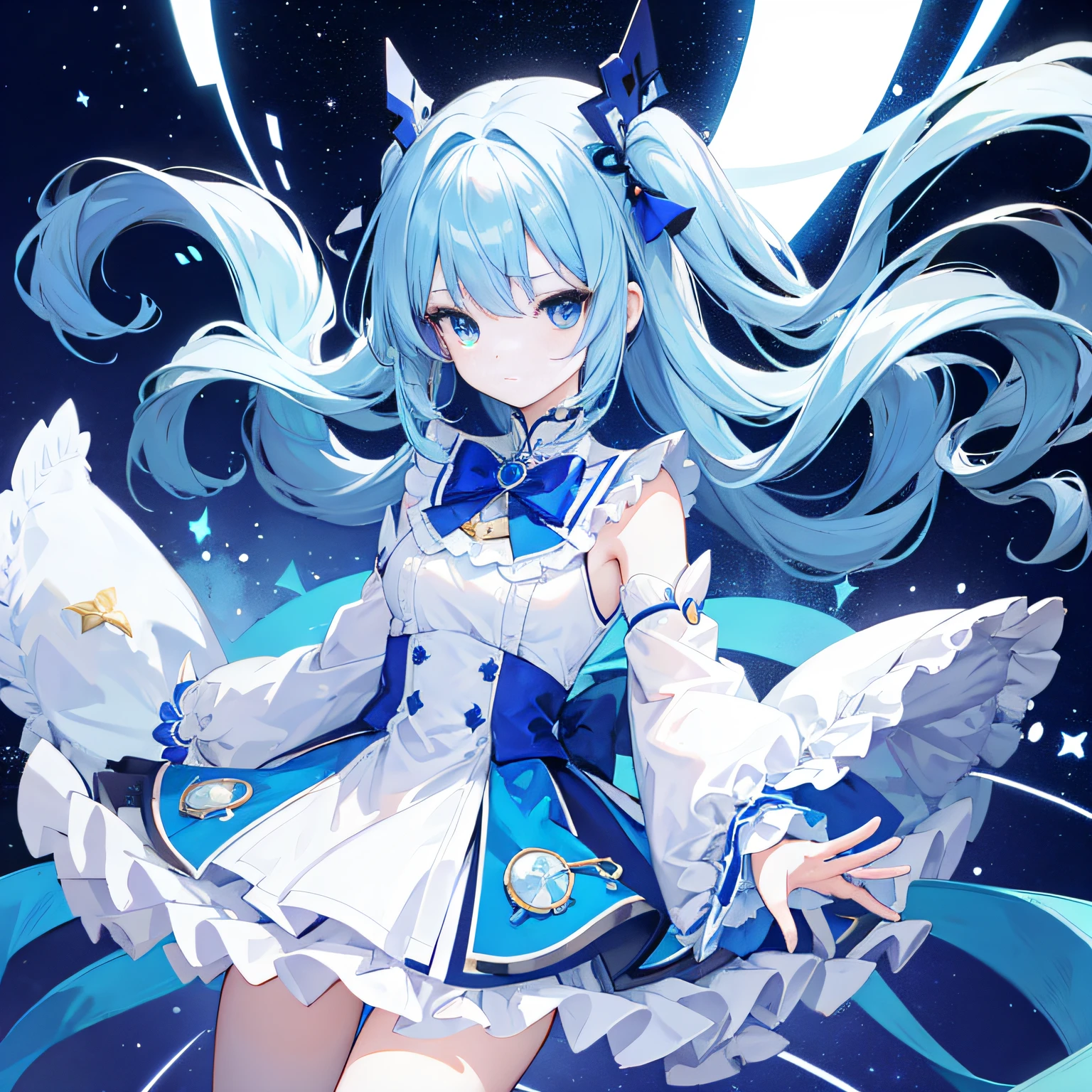 Anime girl,whaite hair,Drill hairstyles,White and blue themed magical girl,Blue eyes