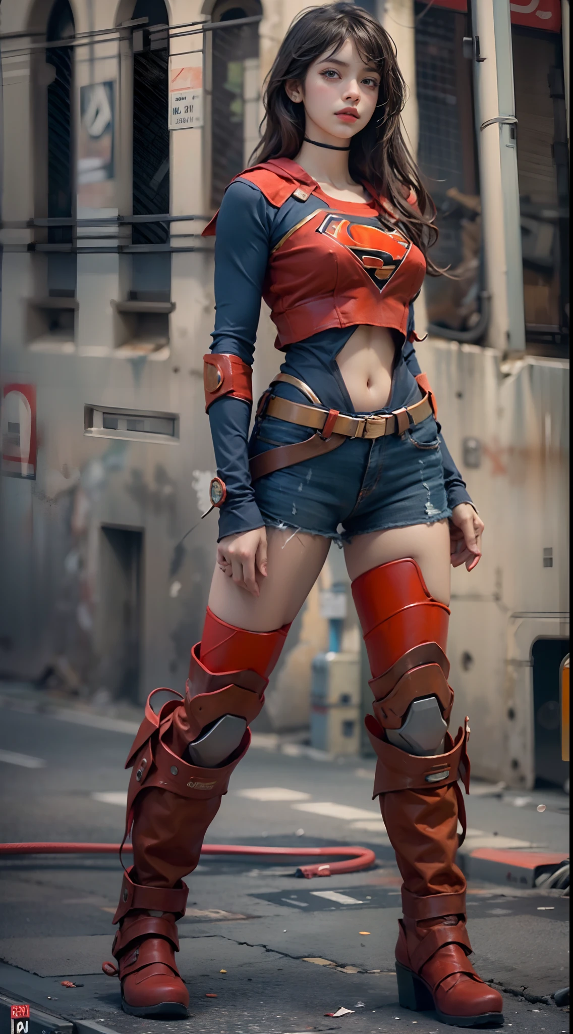motor irreal:1.4,CG ultra realista 64K, fotorrealista:1.4, textura de la piel:1.4, obra maestra:1.4,Hermosa mujer Usando un disfraz sexy de Supergirl, cabello rubio y rubio, ojos azules, ropa interior Antecedentes detallados, traje de super cyberpunk . caderas anchas,An apocalyptic city of fire, mostrando vientre plano,Minifalda roja, ,hermosas manos finas,