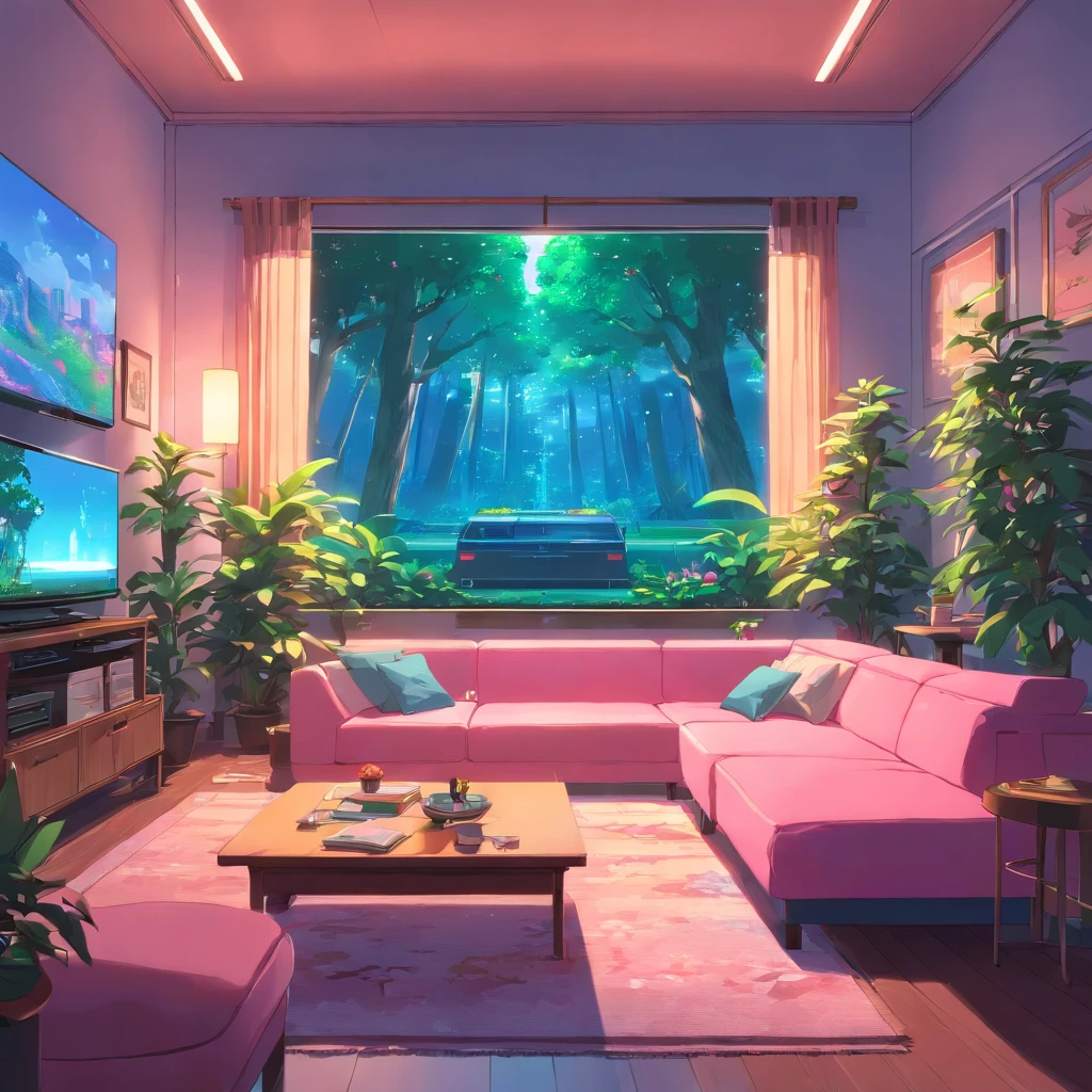 large cozy neon pink living room with big tv screen and tree plants