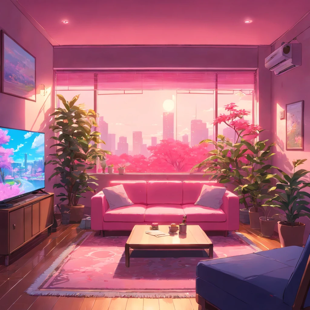 large cozy neon pink living room with big tv screen and tree plants