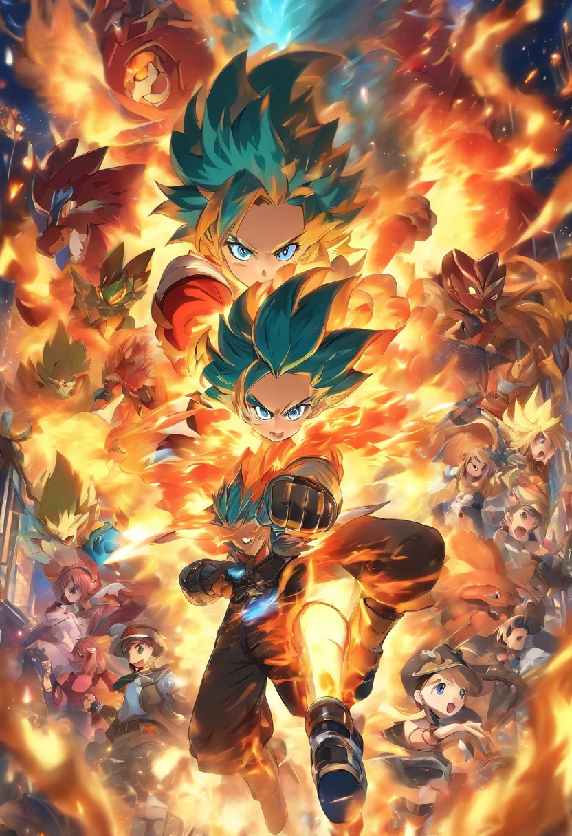 Cover with pictures of fire and cartoon characters, game case, Case, Game art, collectible card art, full subject shown in photo, card game illustration, designed for cozy aesthetics!, fire type, full art illustration, fluffy ebay product, full art, !!Highly detailed!!, Magical party style, highly detailed shot, background artwork