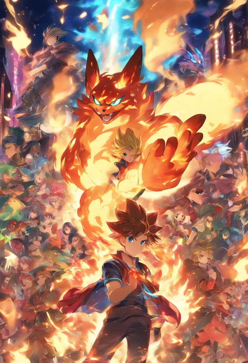 Cover with pictures of fire and cartoon characters, game case, Case, Game art, collectible card art, full subject shown in photo, card game illustration, designed for cozy aesthetics!, fire type, full art illustration, fluffy ebay product, full art, !!Highly detailed!!, Magical party style, highly detailed shot, background artwork