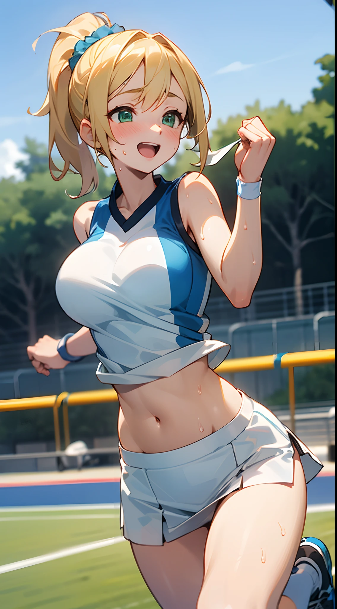 1 girl, game CG, sleeveless blue gym uniform, belly button visible, short white skirt, scrunchie, gigantic breasts, blonde, middle hair, side ponytail, green eyes, happy, hands up, running, sweat, outdoors, goal tape,