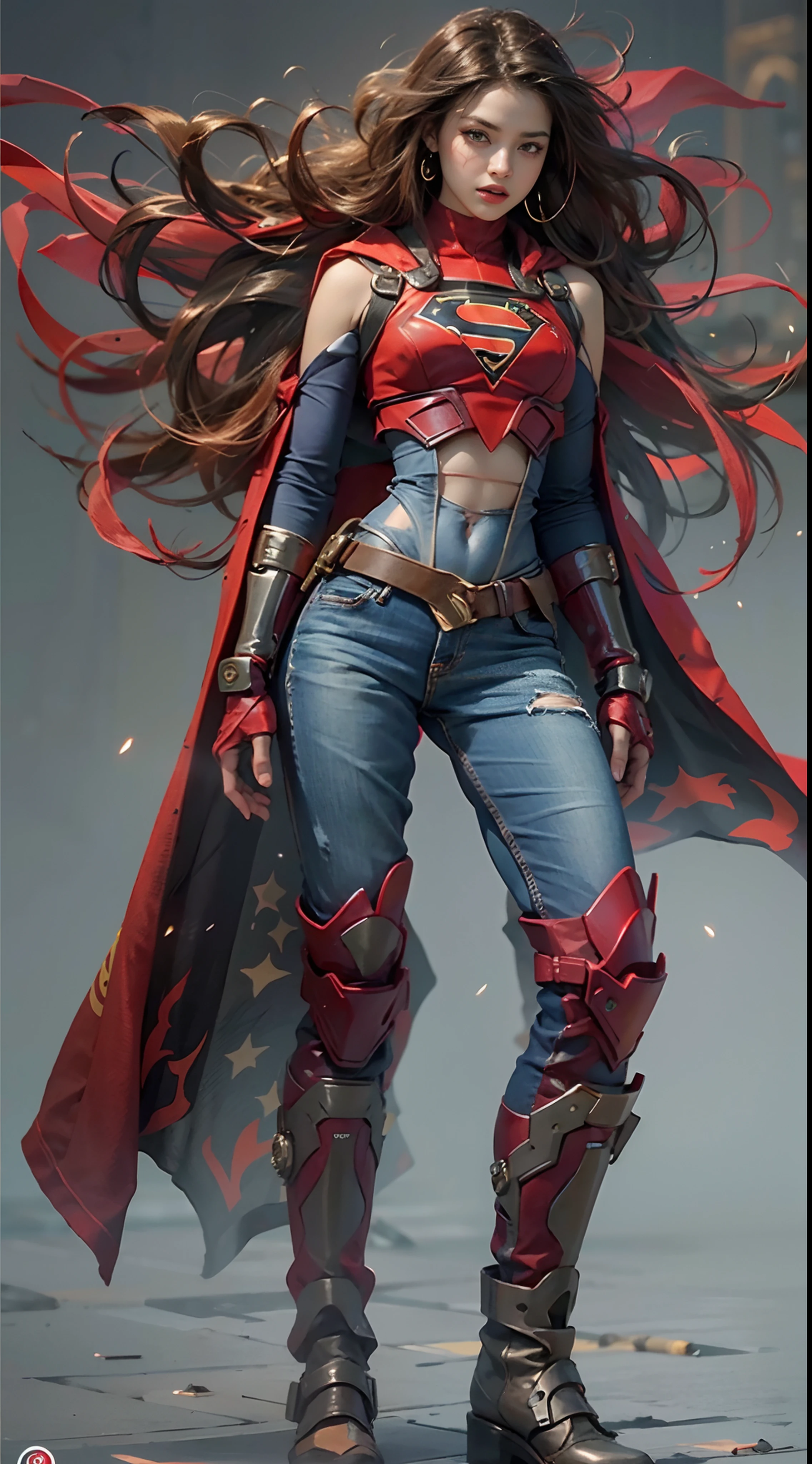 motor irreal:1.4,CG ultra realista 64K, fotorrealista:1.4, textura de la piel:1.4, obra maestra:1.4,Hermosa mujer Usando un disfraz sexy de Supergirl, cabello rubio y rubio, ojos azules, ropa interior Antecedentes detallados, traje de super cyberpunk . caderas anchas,An apocalyptic city of fire, mostrando vientre plano,Minifalda roja, ,hermosas manos finas,
