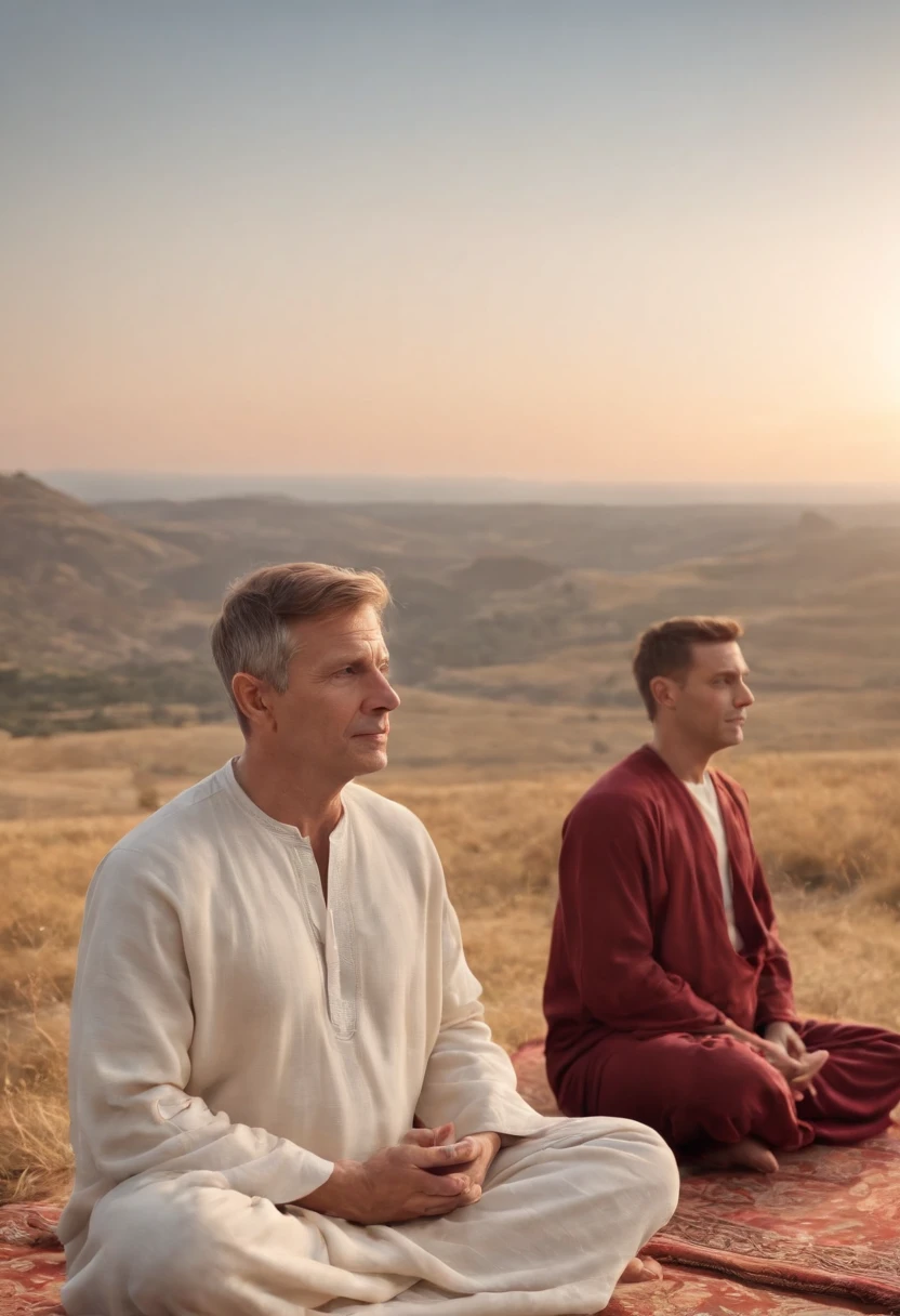 Mature men, sitting in a meditation position, In front of the beautiful Orissant, As the sun sets, Related to the sacred, Portrait photos, director: Drew Tucker, director: Adam Marchinski, director: Alexander Kucharisky, director: Gavin Nolan, 8K surrealism, director: Jason Felix, Yuri Shwedoff e Tom Bagshaw, illustrative art, Estello Eric Johnson