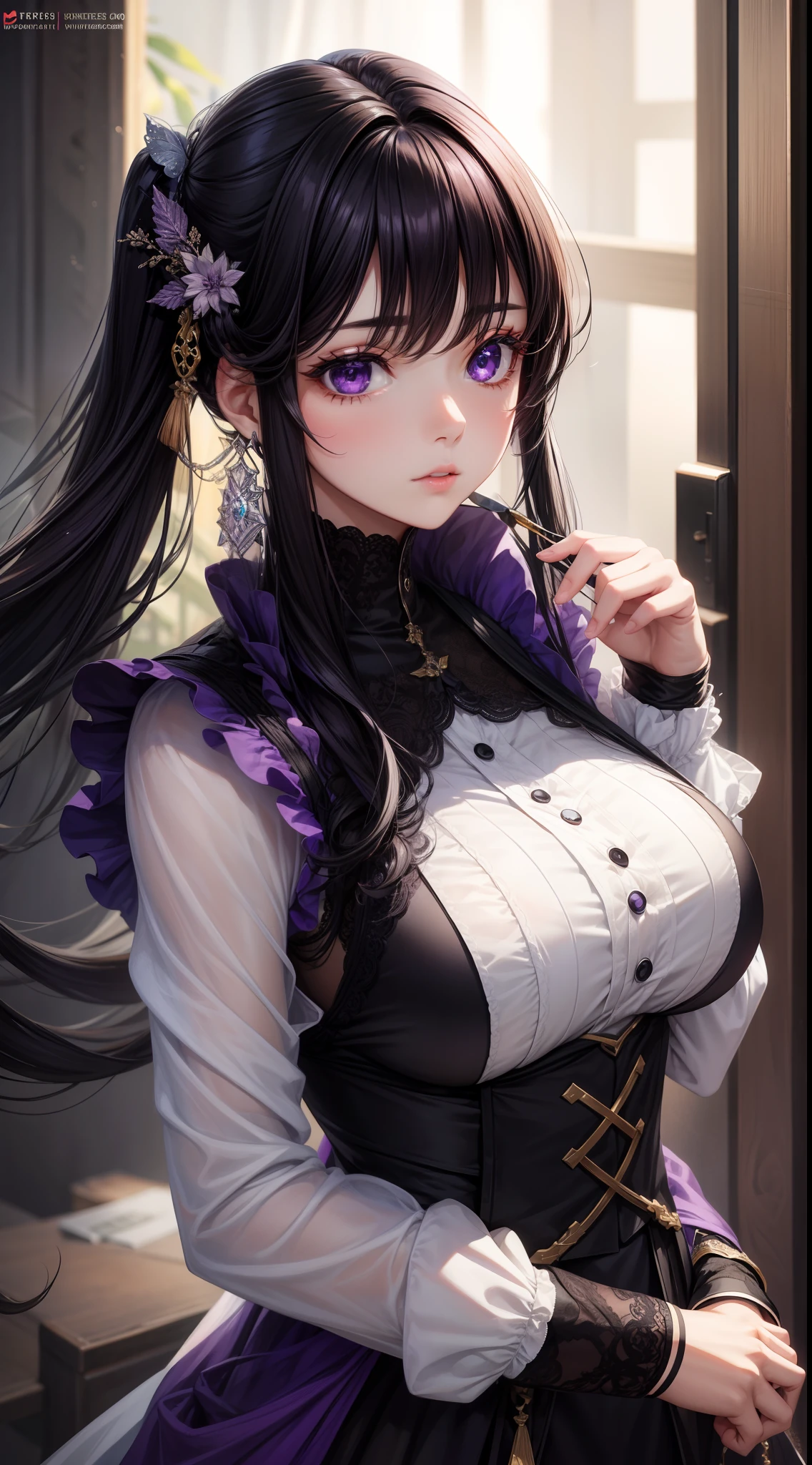 young girl, short black and purple hair, Short braid, bunny ears, Yellow eyes, purple lipstick, Gothic dress, open breasts, Smile, Masterpiece, hiquality