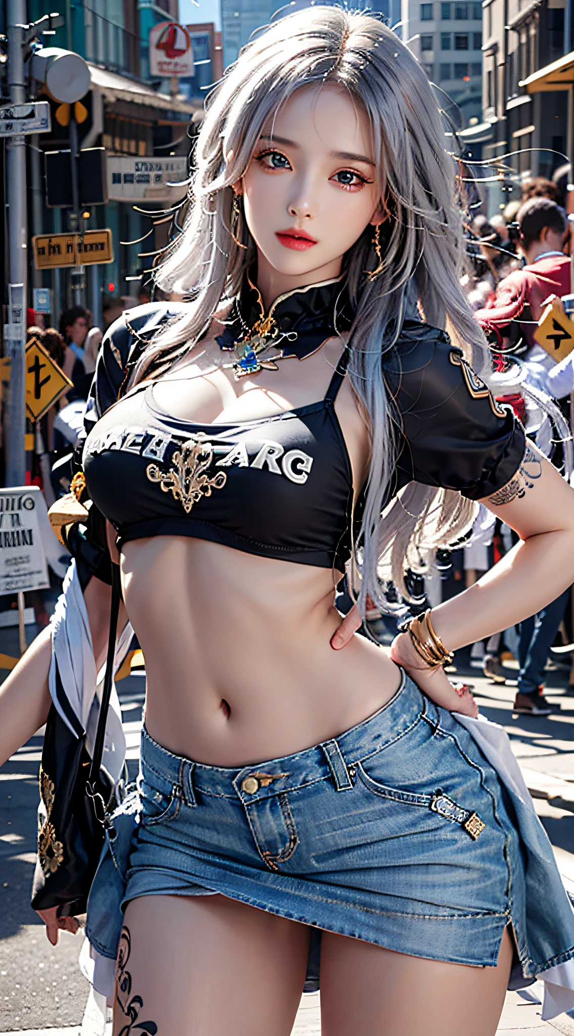 photorealistic, high resolution, soft light, 1women, solo, hips up, dynamic pose, shining skin, jewelry, tattoo, street wear, t-shirt, skirt