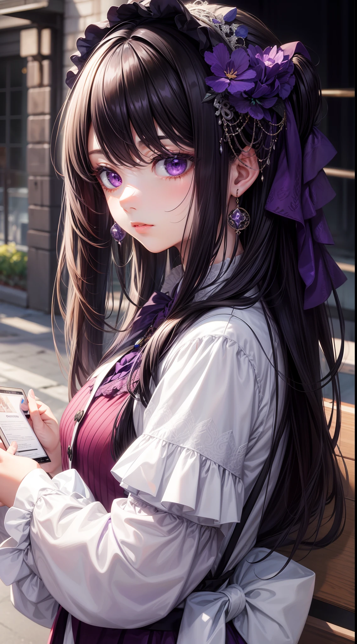 young girl, long dark purple or black hair, violet eyes, Black Rich Closed Clothing, Masterpiece, hiquality, high detail, HD, 4k