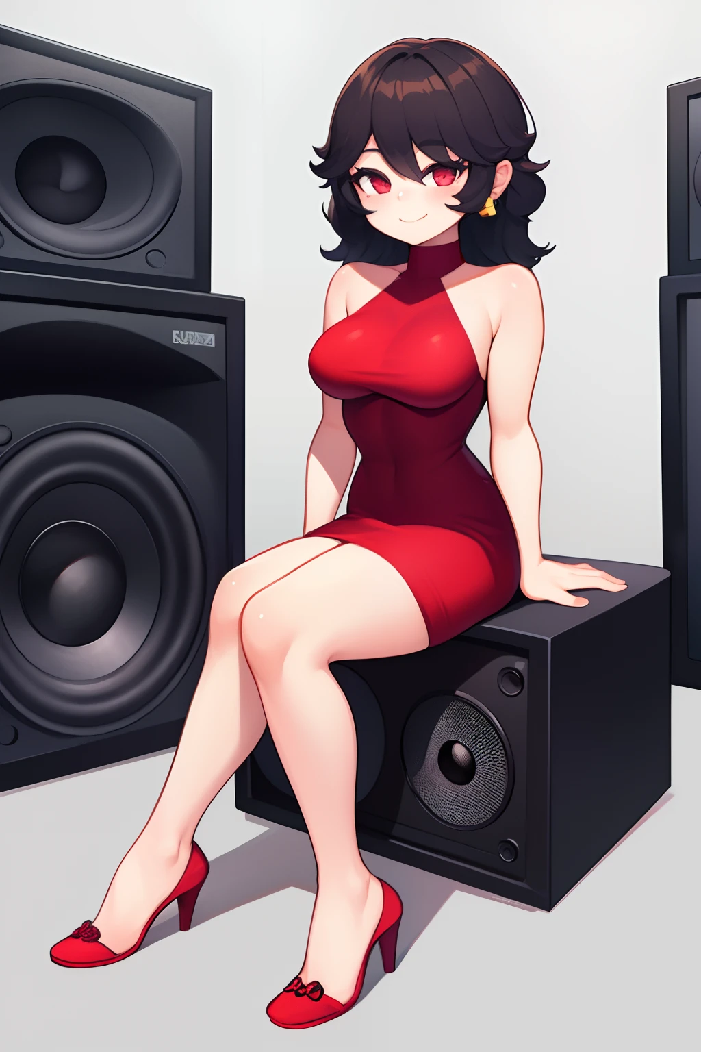 HypnoLullabyGF, Highly detailed, High Quality, Masterpiece, beautiful, Girlfriend, 1girl, solo, full body, light smile, red dress, sitting, sitting on speaker