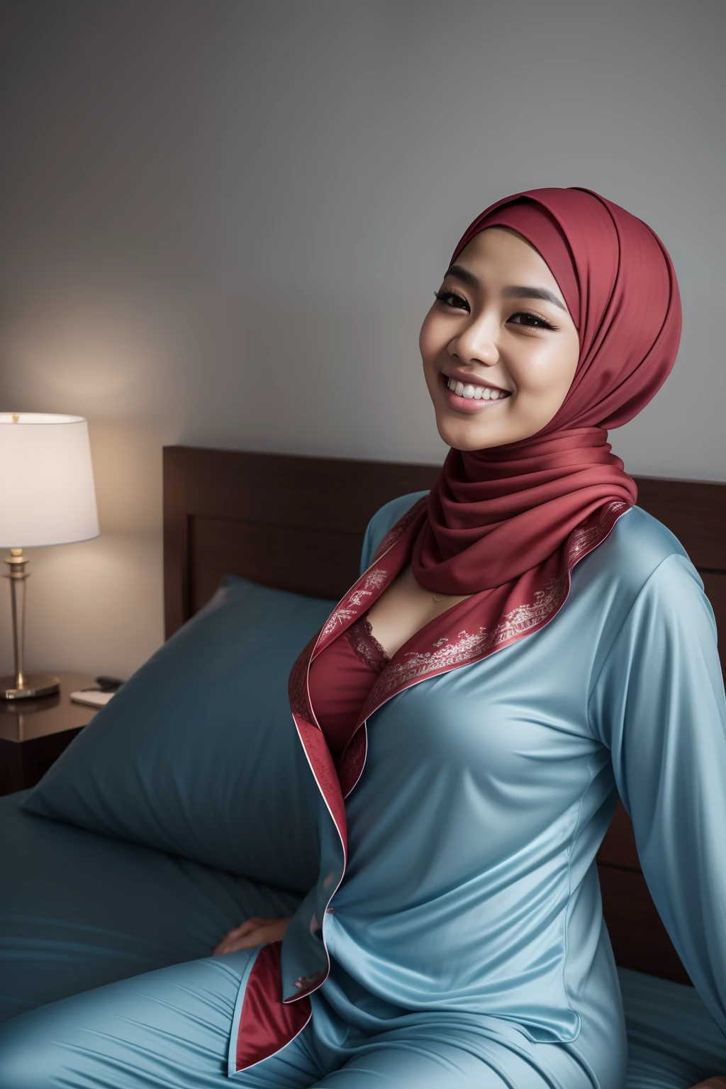 matured malay woman in hijab wearing sexy red color pajamas sleeping in bed portrait photography, lying in bed, mid shot photo, ultra detail, professional photograph with professional lighting, smile, light blue bed, bedroom, sexy seducing sleep pose, curvy