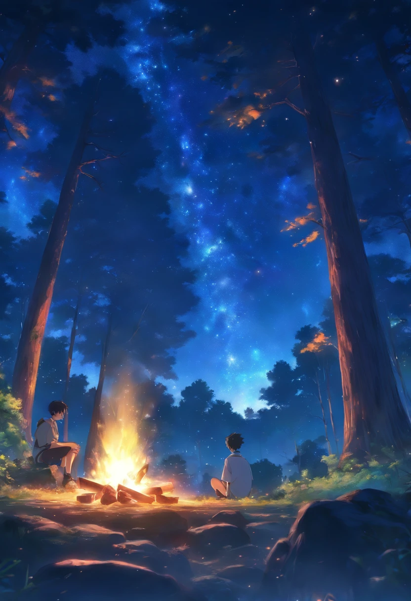 landscape, Summer, Night, forest, Campfire in one place, unmanned, No Man, Starry sky, high definition detail, Ultra detail, film, ultra-realistic realism, Soft light, Deep focus bokeh, Ray tracing, ultra-realistic realism. , Art Station pixiv Gwise, Makoto Shinkai, Art germ
