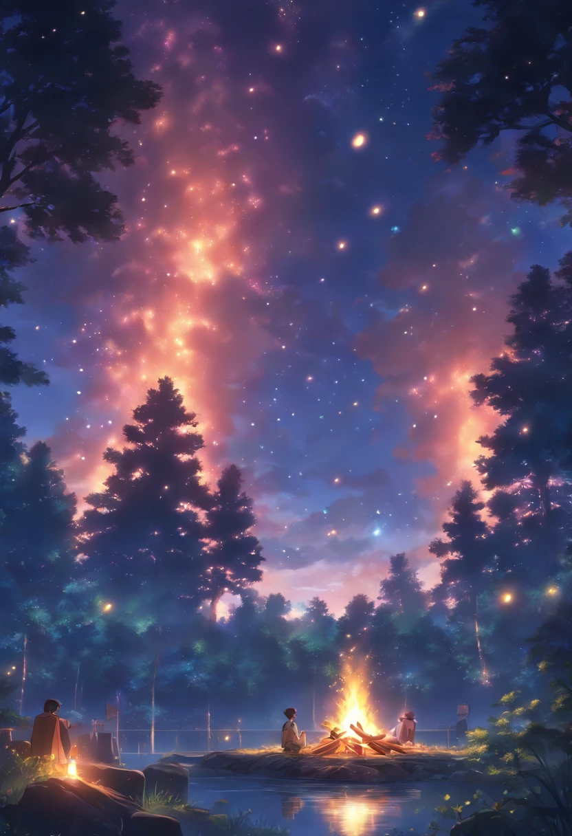 landscape, Summer, Night, forest, Campfire in one place, unmanned, No Man, Starry sky, high definition detail, Ultra detail, film, ultra-realistic realism, Soft light, Deep focus bokeh, Ray tracing, ultra-realistic realism. , Art Station pixiv Gwise, Makoto Shinkai, Art germ
