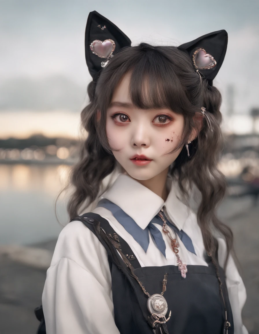 Korean girl, heart-shaped eyes, symbol-shaped pupils, grin, streaked hair, cat ears, anchor choker, Surrealism, first-person view, masterpiece, textured skin