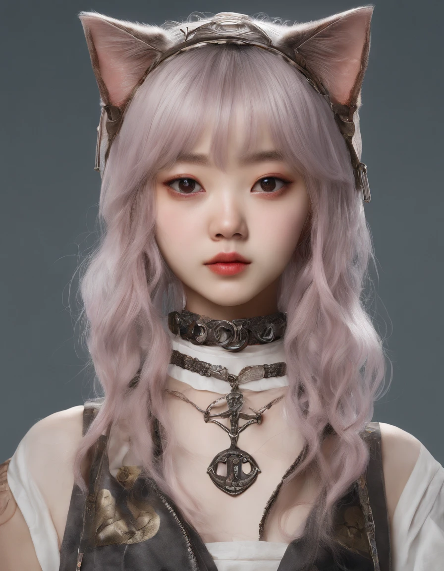 Korean girl, heart-shaped eyes, symbol-shaped pupils, grin, streaked hair, cat ears, anchor choker, Surrealism, first-person view, masterpiece, textured skin