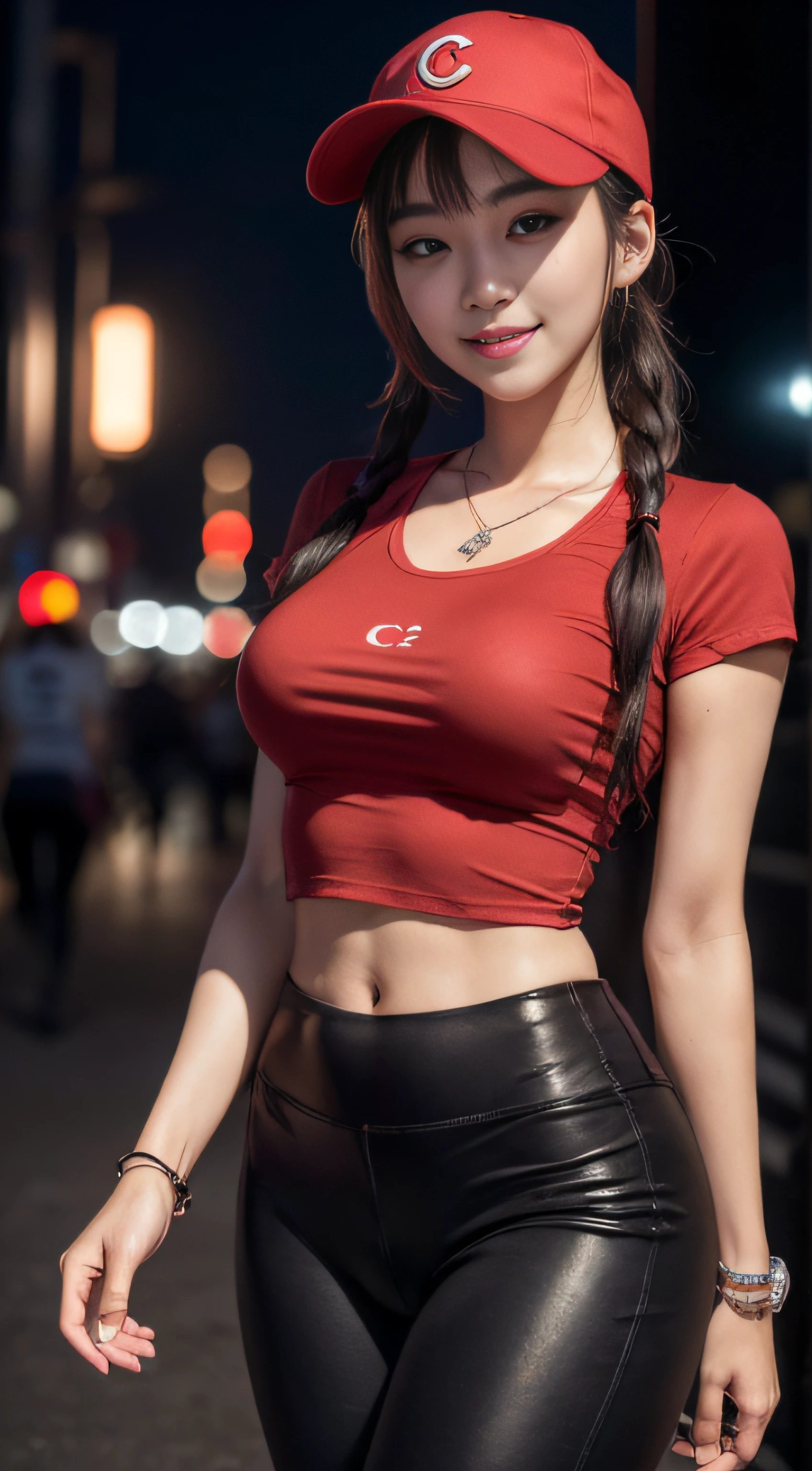 Upscale variant Remove background generated data tips Upgrade 8K, Masterpiece, RAW photo, Best quality, Photorealistic, Extremely detailed Cg Unity 8K wallpaper, Depth of field, Cinematic light, Lens flare, Ray tracing, (Extremely beautiful face, Beautiful lips, Beautiful eyes), intricate detail face, ((ultra detailed skin)) 1girll, In the dark, deepshadow, Pretty Korean girl, Kpop idol,(Very slim and slender muscular body), ((view the viewer)),(Big smile), (Fashion night, (neon lights sign), (The background is blurred out), midnight, (Vacant cities), (No one is in the background), Pretty Korean girl, White diamond earrings, Diameter bracelet, Dia necklace, Clear eyes, Walking , front footage, (Pale skin), Face forward, (Big eyes), ((upperbody shots)), (baseball cap("c" making)), ((black legging pants)), (camel-toe, Shape), ((Red T-shirt)), (pony tails) (view the viewer), Medium breasts,((Smile))