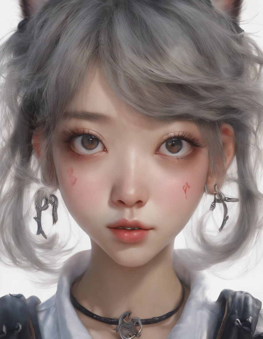 Korean girl, heart-shaped eyes, symbol-shaped pupils, grin, streaked hair, cat ears, anchor choker, Surrealism, first-person view, masterpiece, textured skin